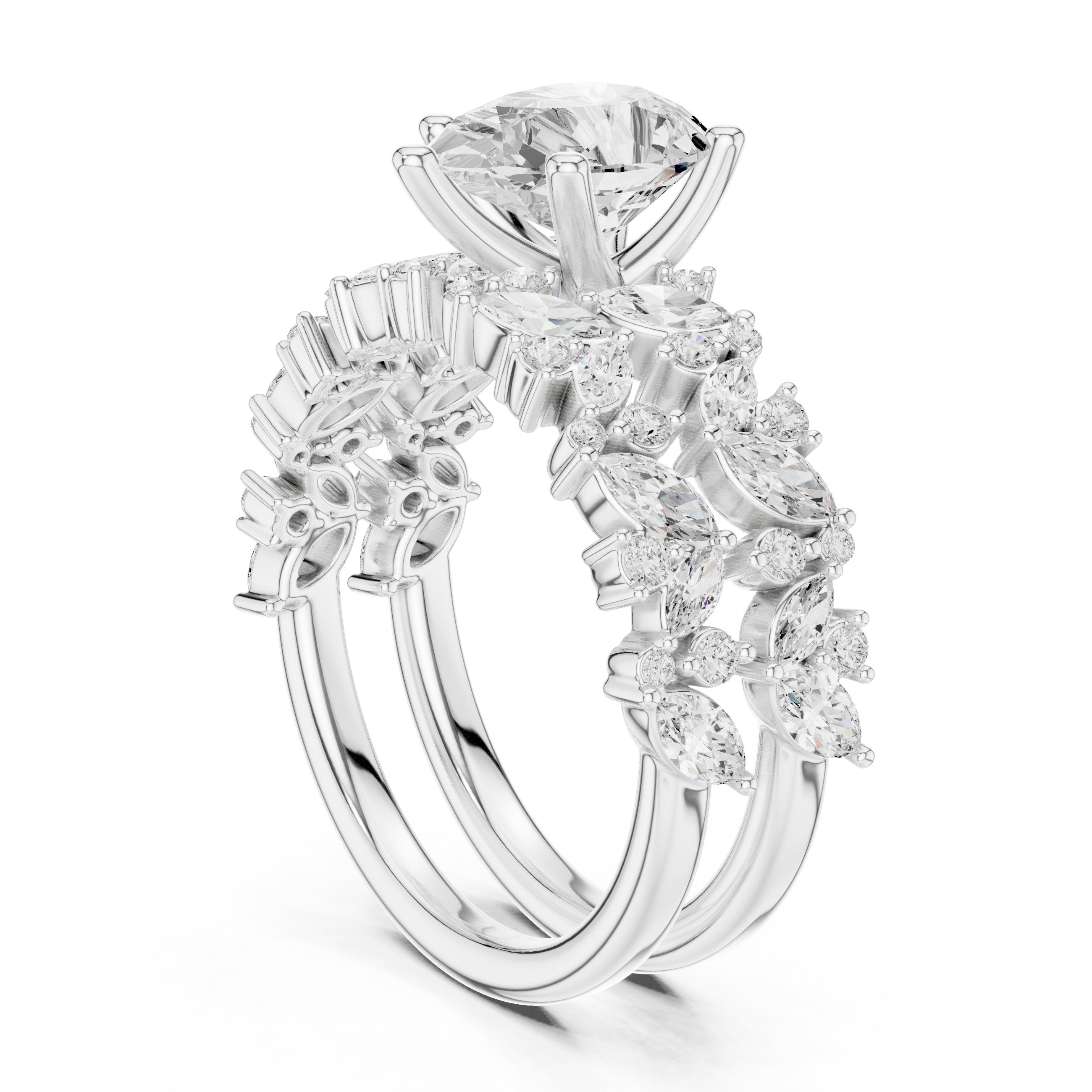 Pear Diamond Engagement Ring with Marquise Vine Cluster Band in White Gold - VYKA Diamonds