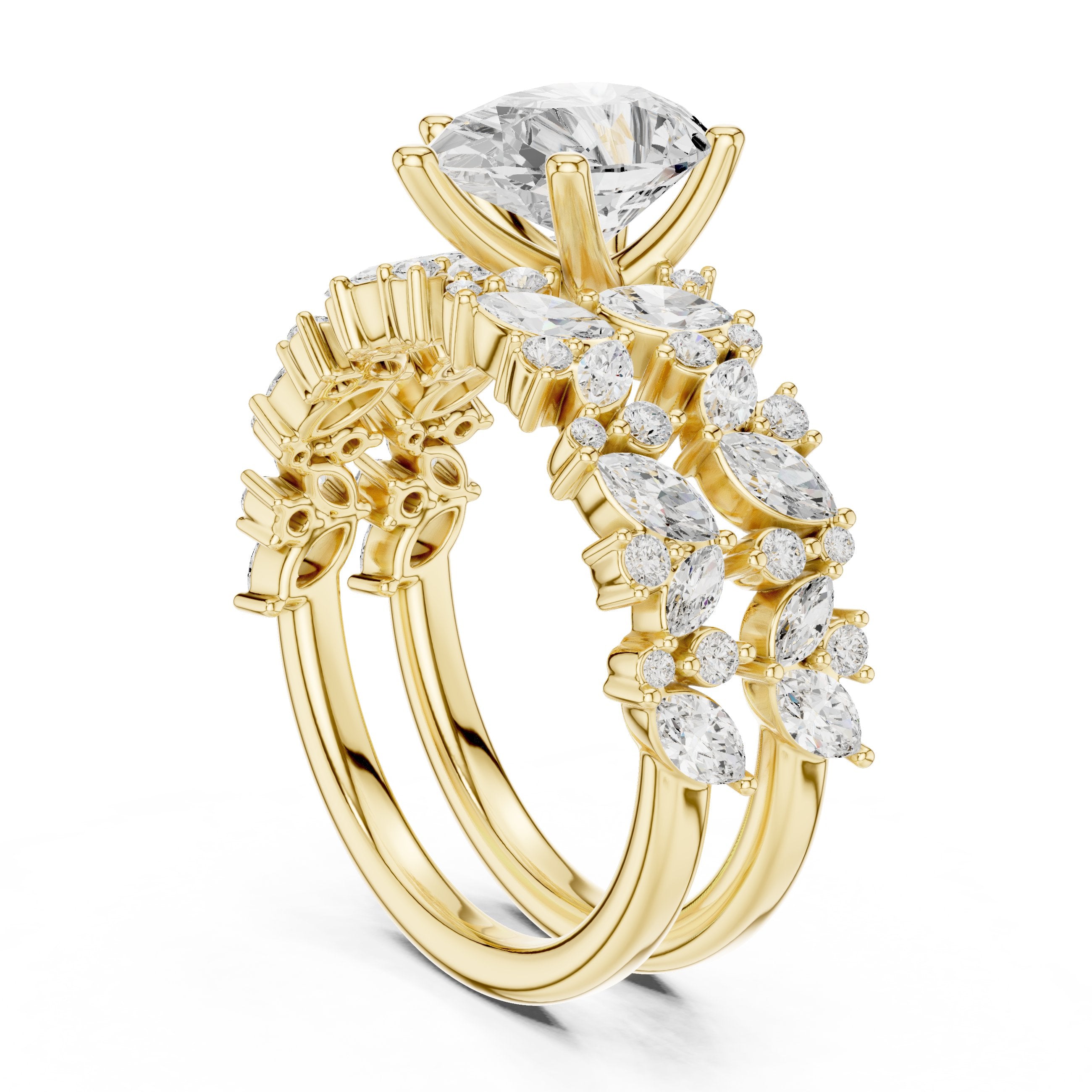 Pear Diamond Engagement Ring with Marquise Vine Cluster Band in Yellow Gold - VYKA Diamonds