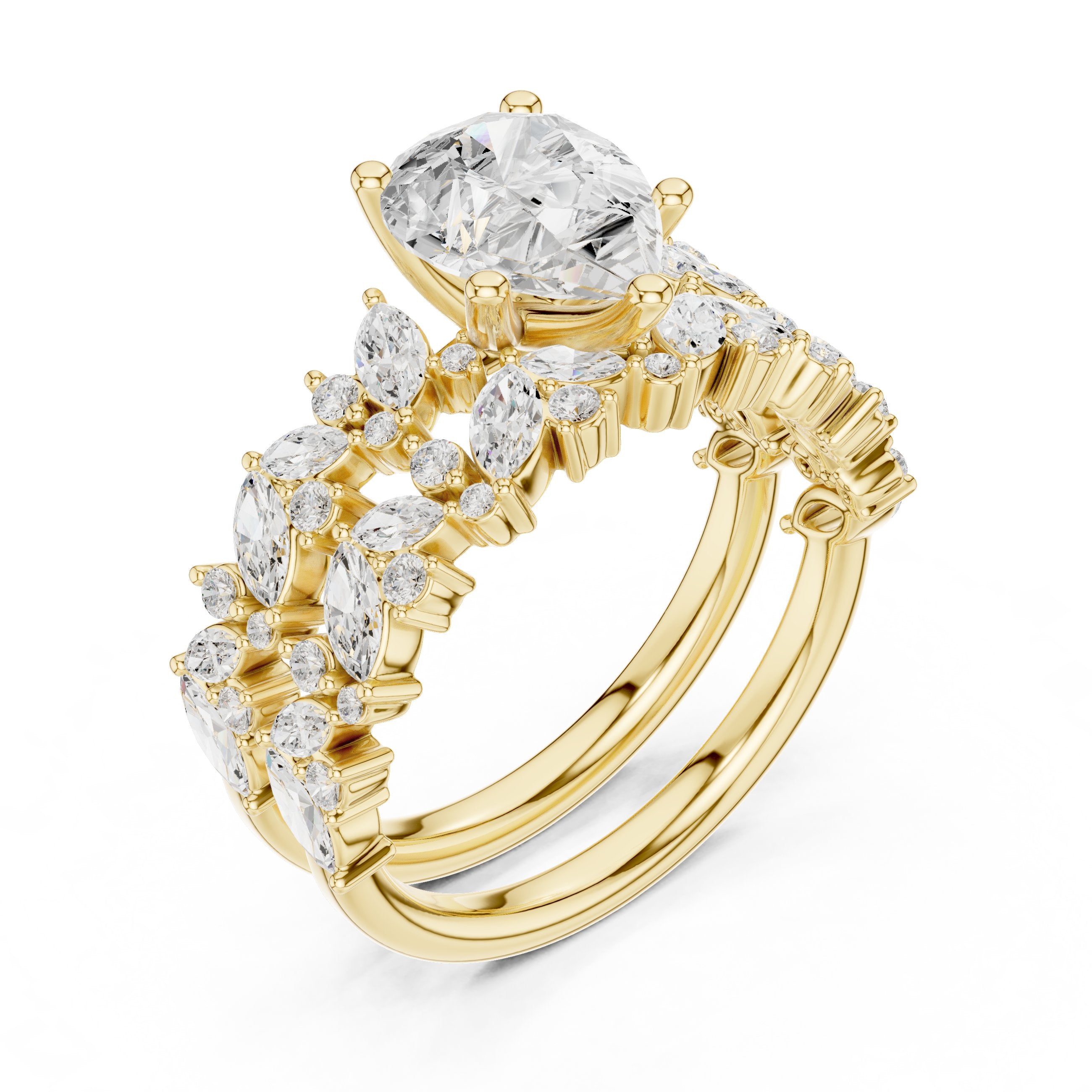 Pear Diamond Engagement Ring with Marquise Vine Cluster Band in Yellow Gold - VYKA Diamonds