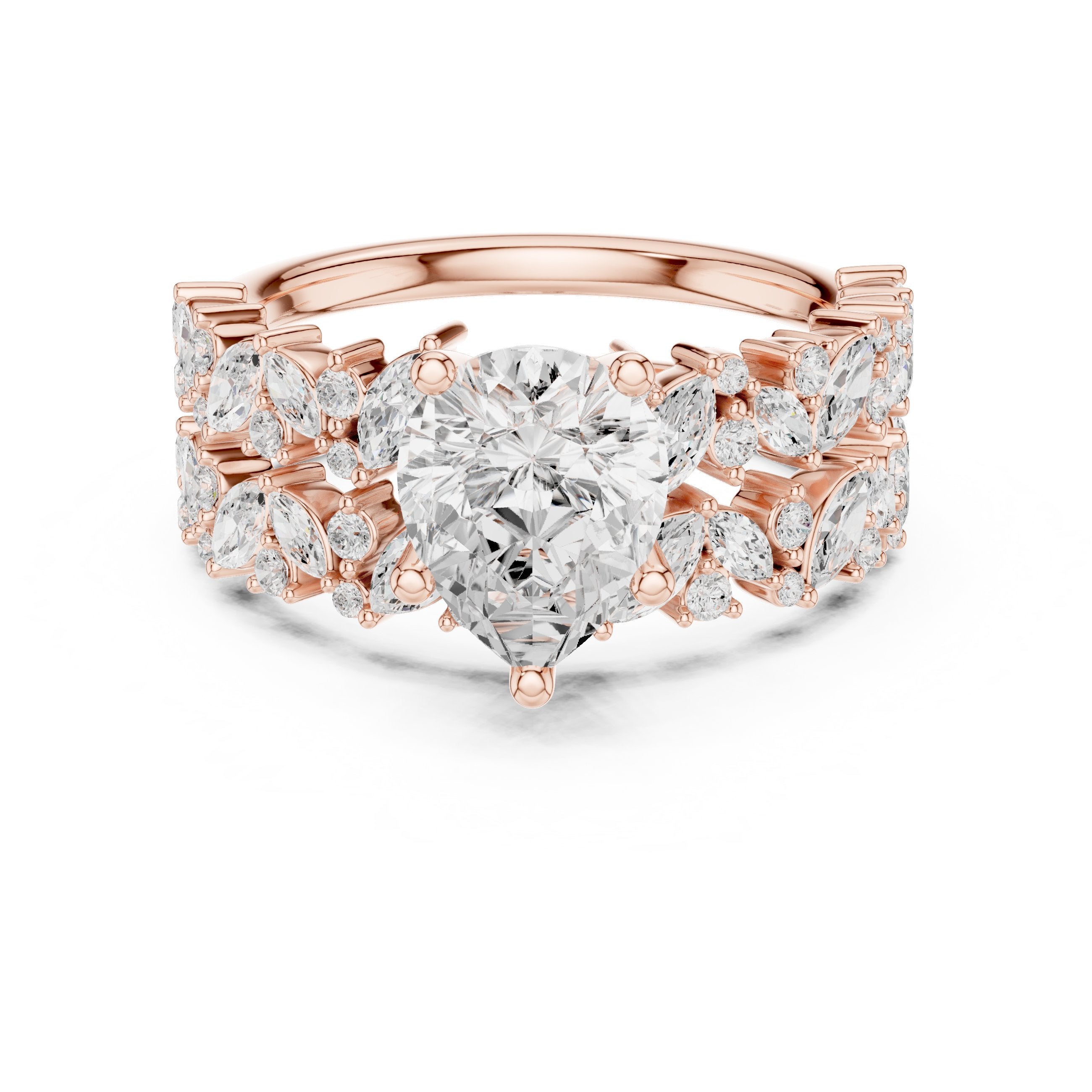 Pear Diamond Engagement Ring with Marquise Vine Cluster Band in Rose Gold - VYKA Diamonds