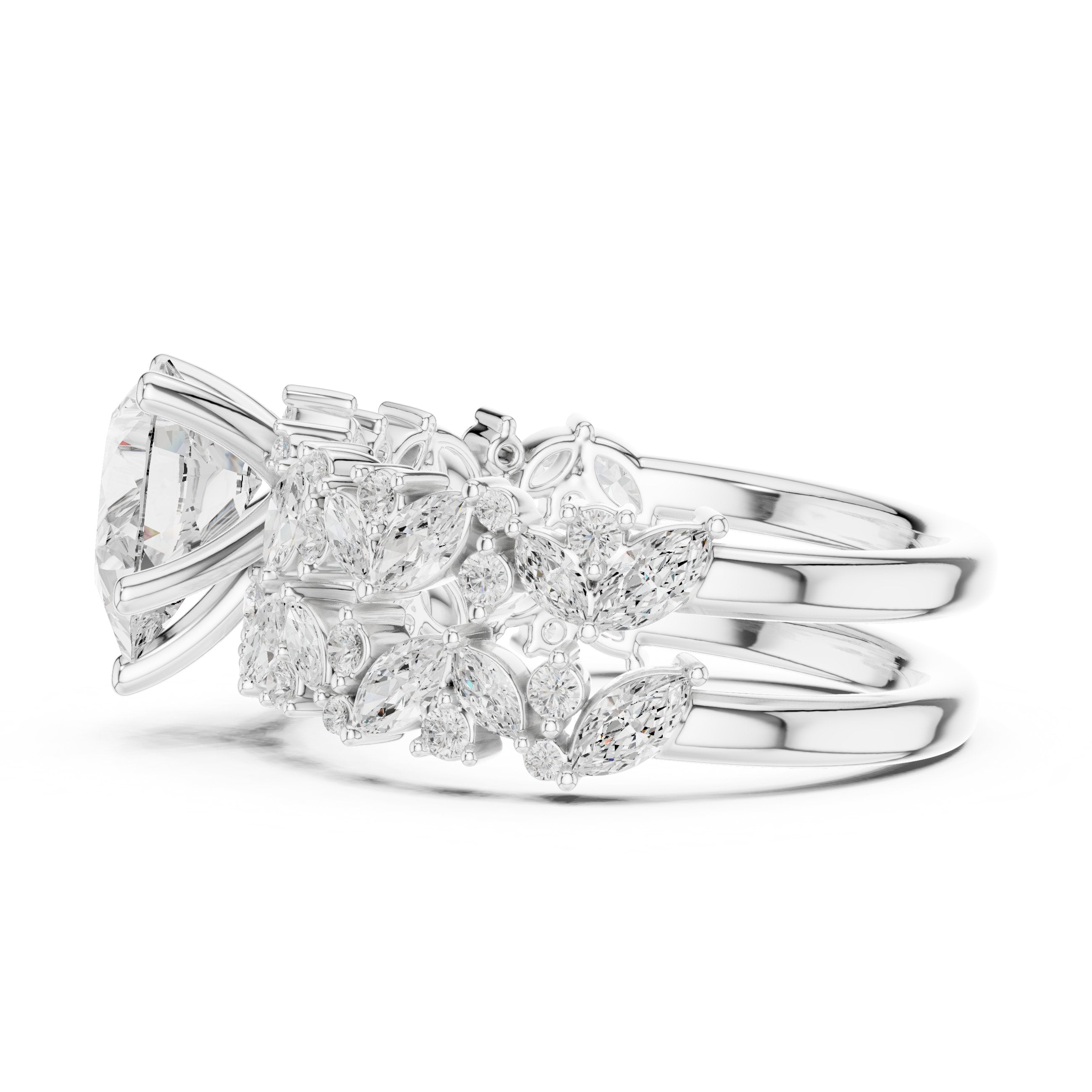 Pear Diamond Engagement Ring with Marquise Vine Cluster Band in White Gold - VYKA Diamonds
