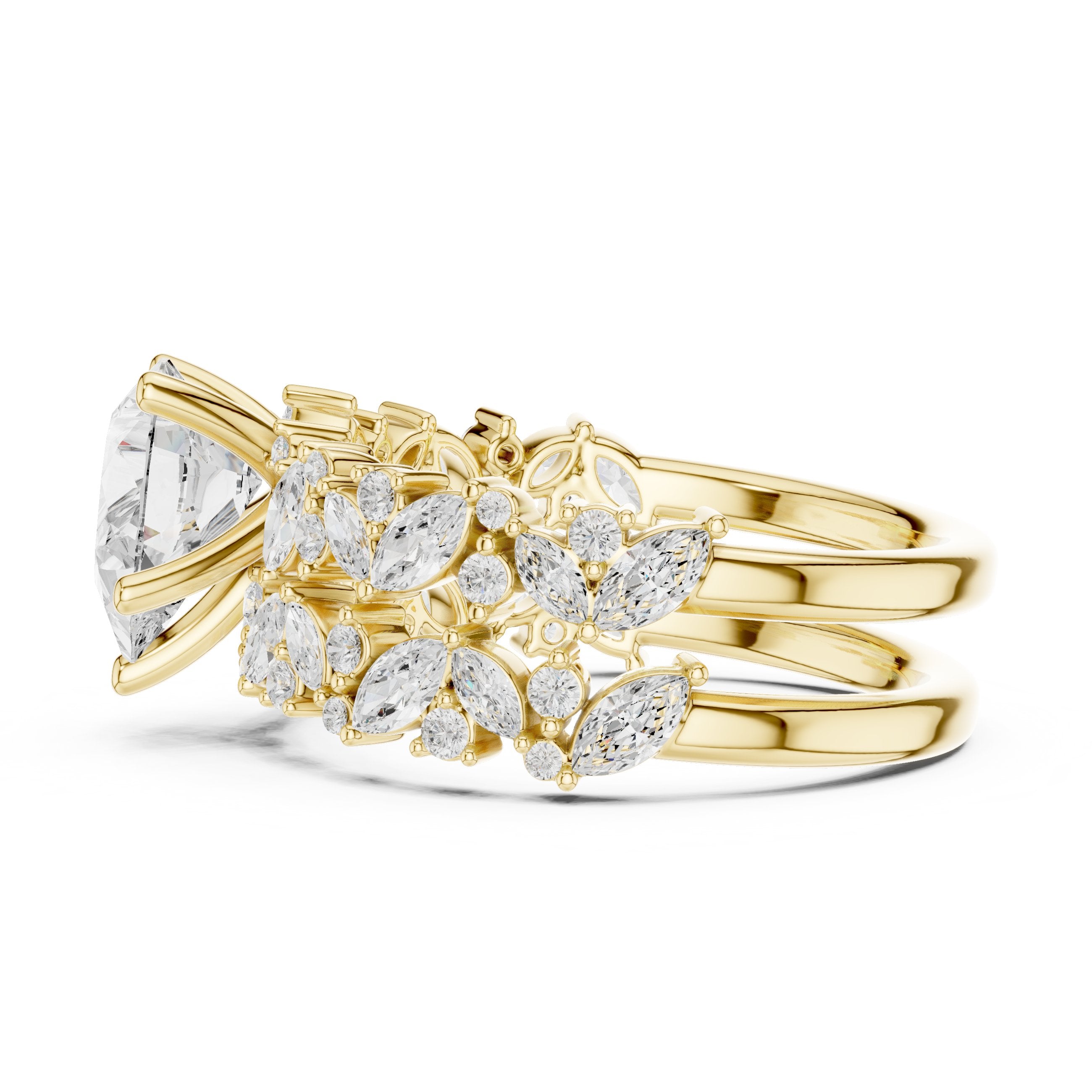 Pear Diamond Engagement Ring with Marquise Vine Cluster Band in Yellow Gold - VYKA Diamonds