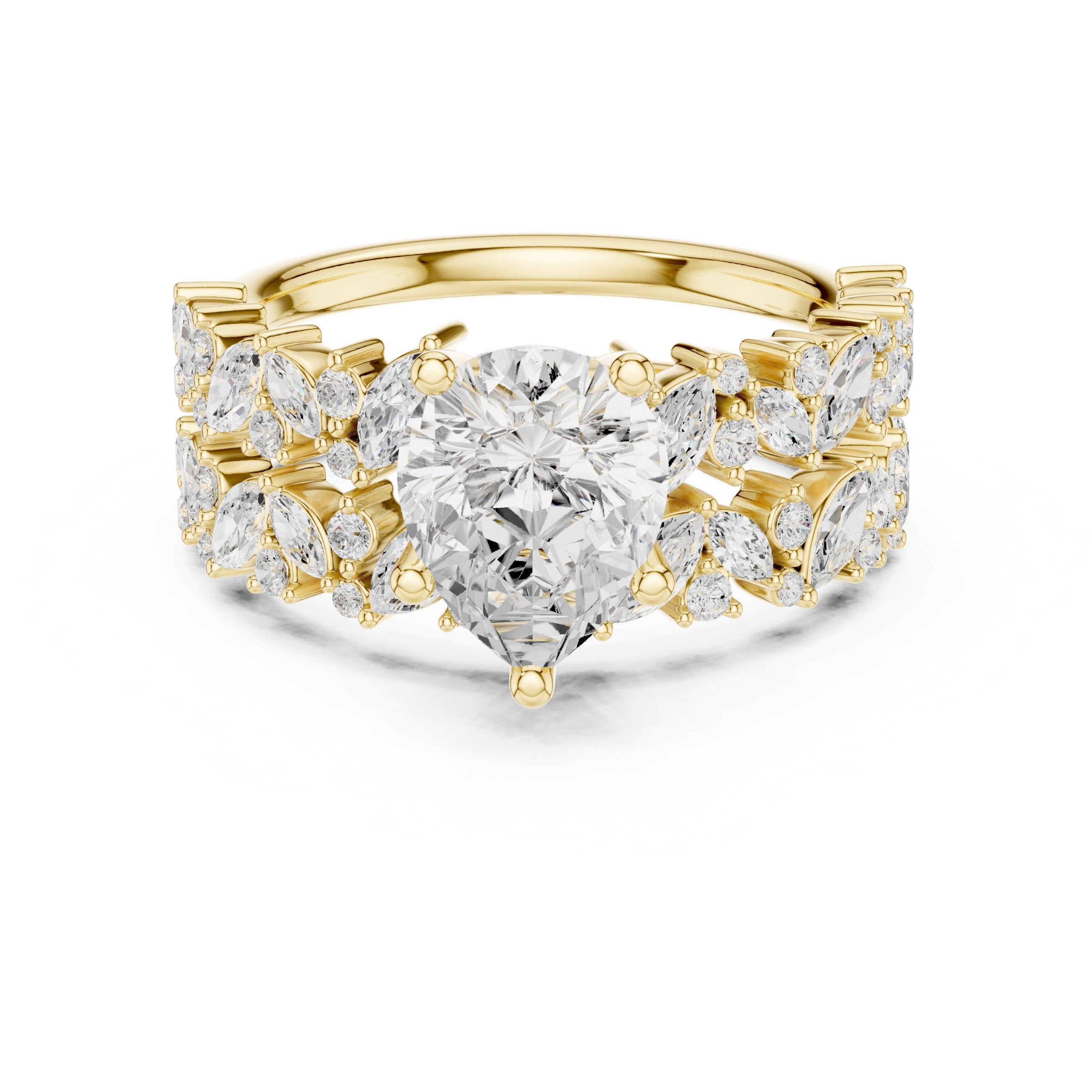 Pear Diamond Engagement Ring with Marquise Vine Cluster Band in Yellow Gold - VYKA Diamonds