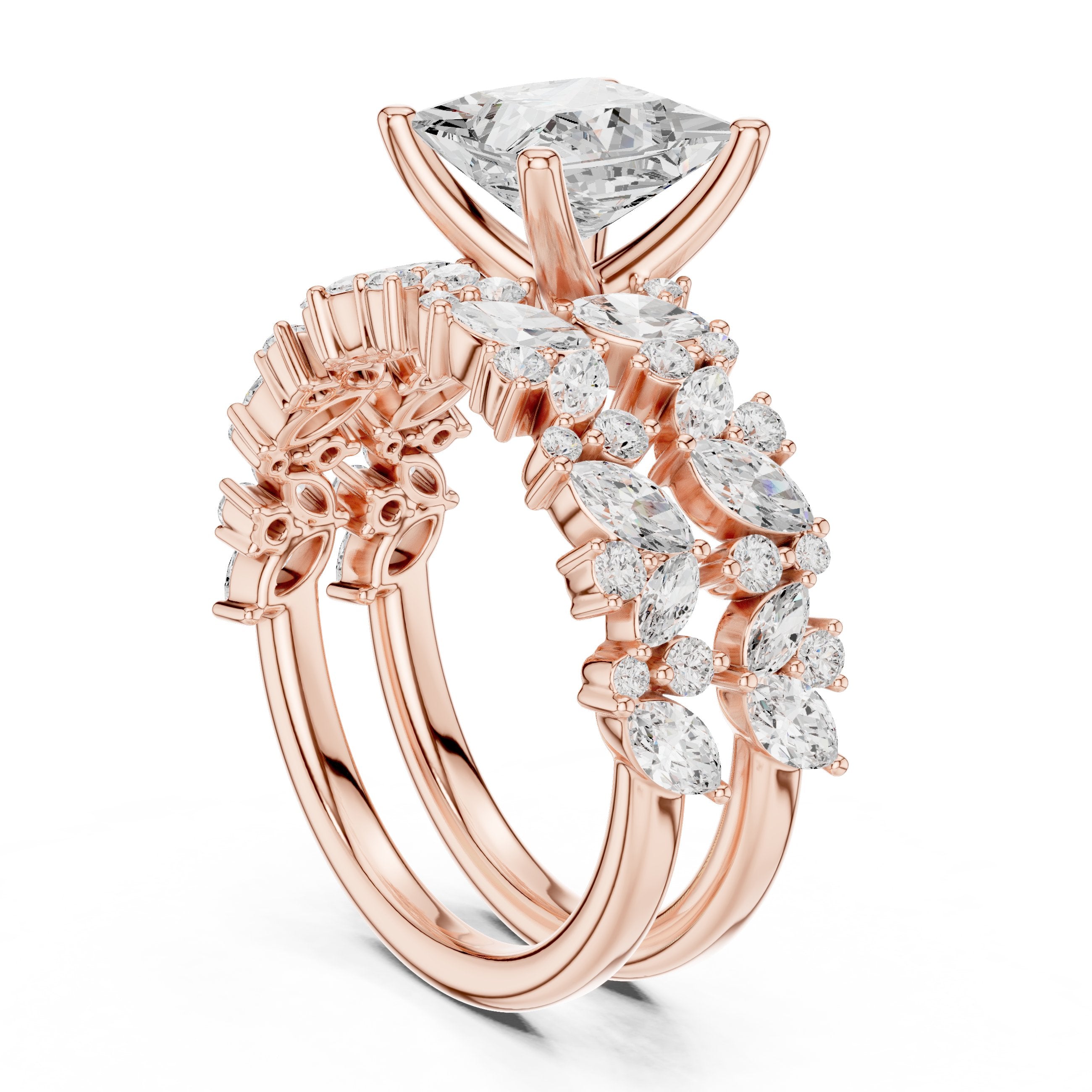 Princess Cut Engagement Ring with Marquise Vine Cluster Band in Rose Gold - VYKA Diamonds
