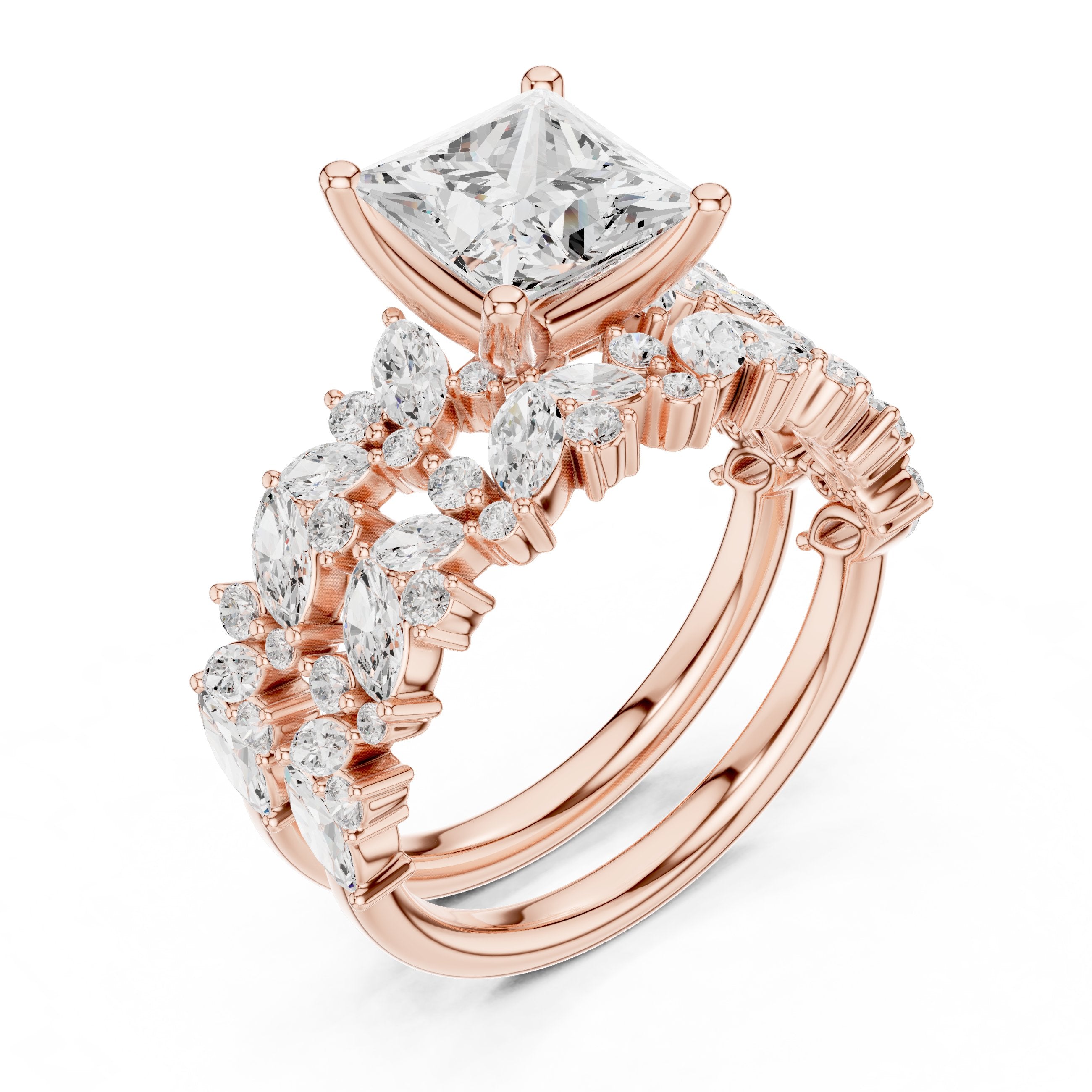 Princess Cut Engagement Ring with Marquise Vine Cluster Band in Rose Gold - VYKA Diamonds