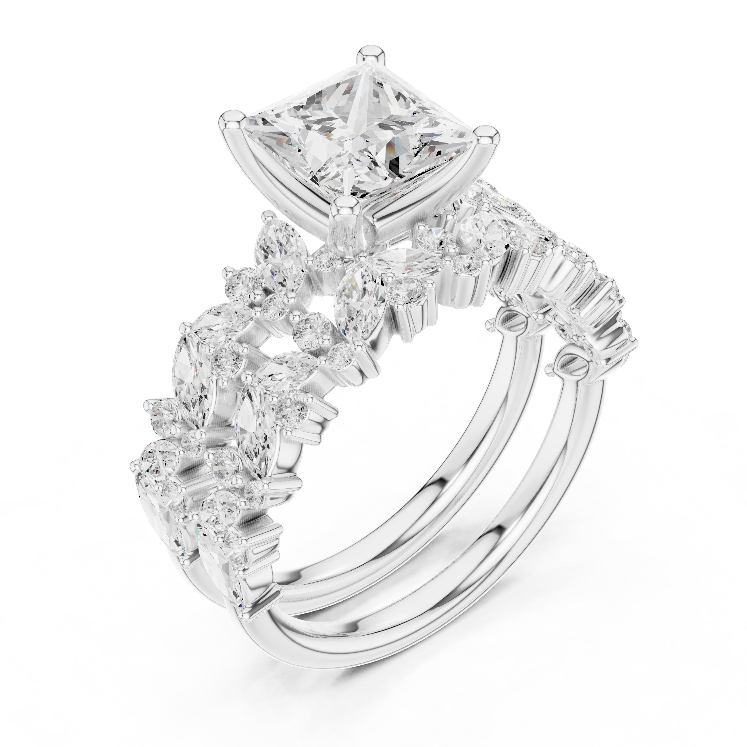 Princess Cut Engagement Ring with Marquise Vine Cluster Band in White Gold - VYKA Diamonds