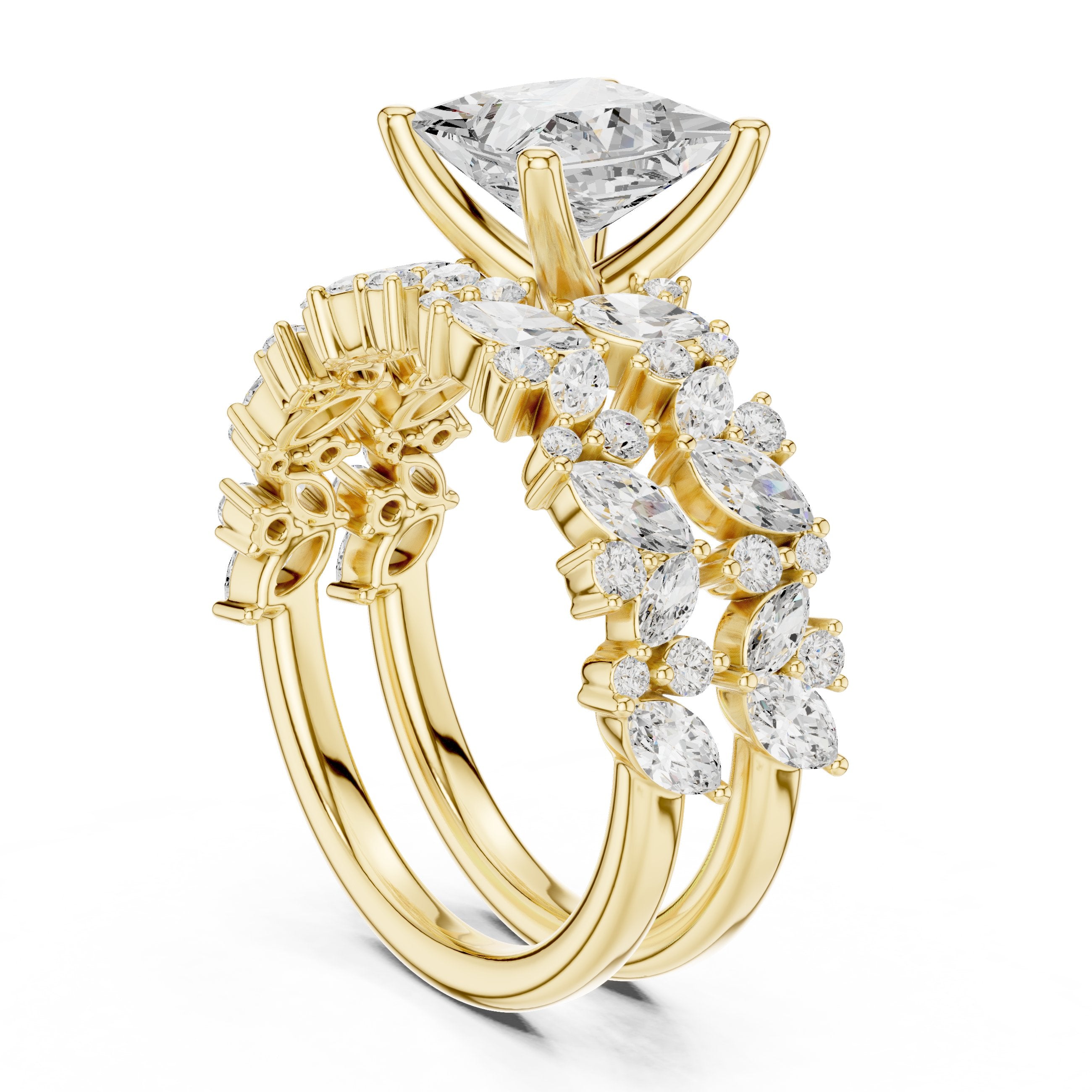 Princess Cut Engagement Ring with Marquise Vine Cluster Band in Yellow Gold - VYKA Diamonds