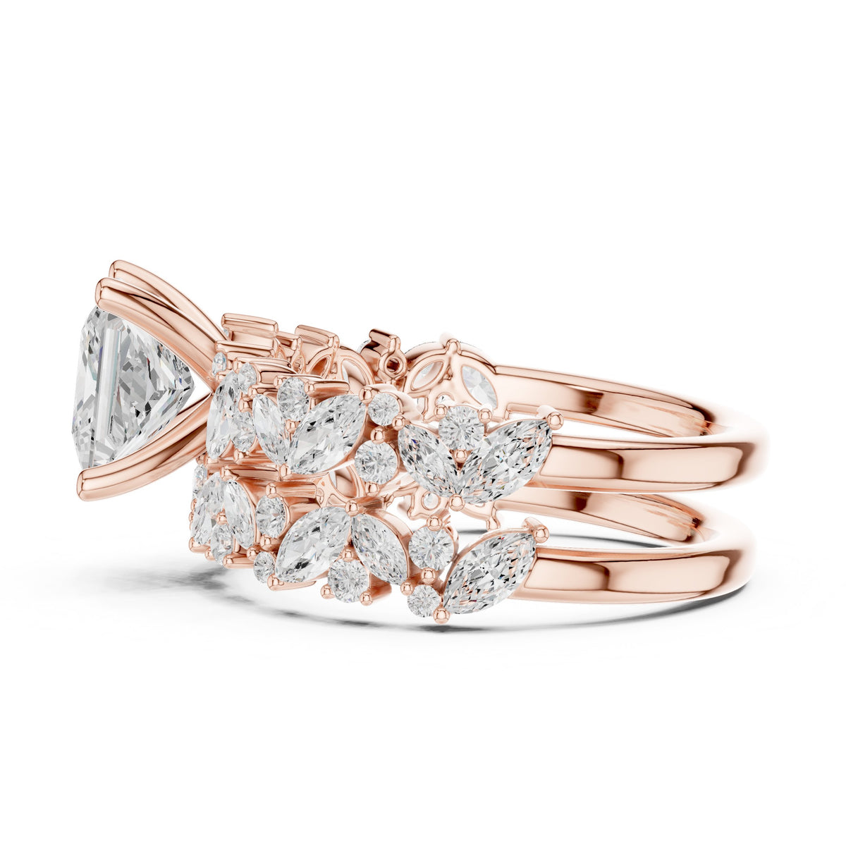 Princess Cut Engagement Ring with Marquise Vine Cluster Band