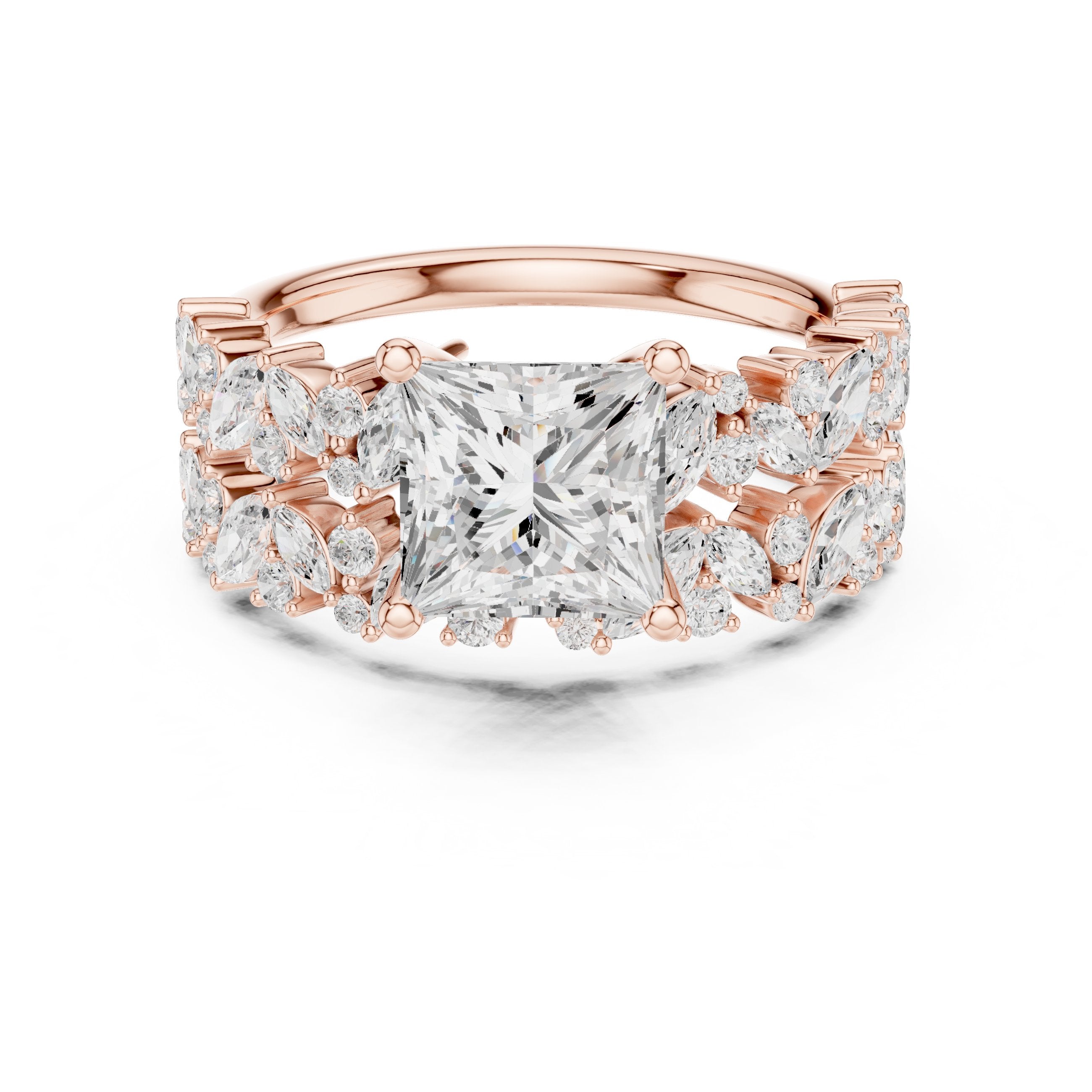 Princess Cut Engagement Ring with Marquise Vine Cluster Band in Rose Gold - VYKA Diamonds