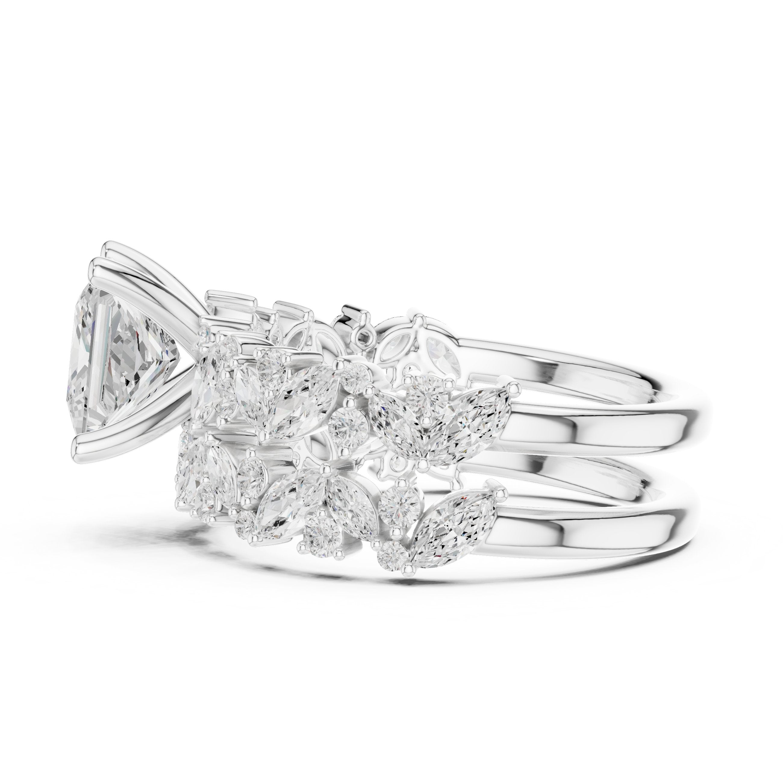 Princess Cut Engagement Ring with Marquise Vine Cluster Band in White Gold - VYKA Diamonds