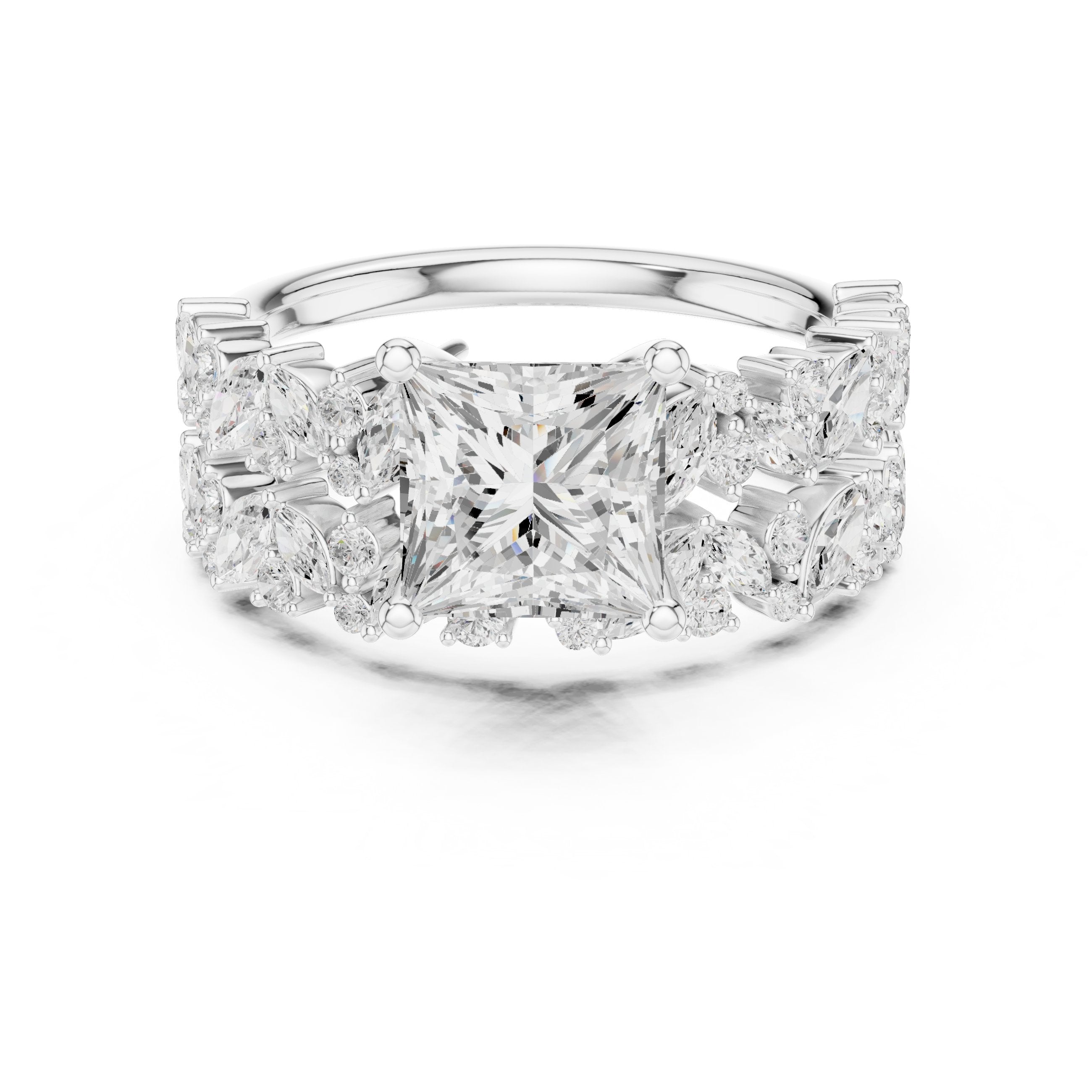 Princess Cut Engagement Ring with Marquise Vine Cluster Band in White Gold - VYKA Diamonds