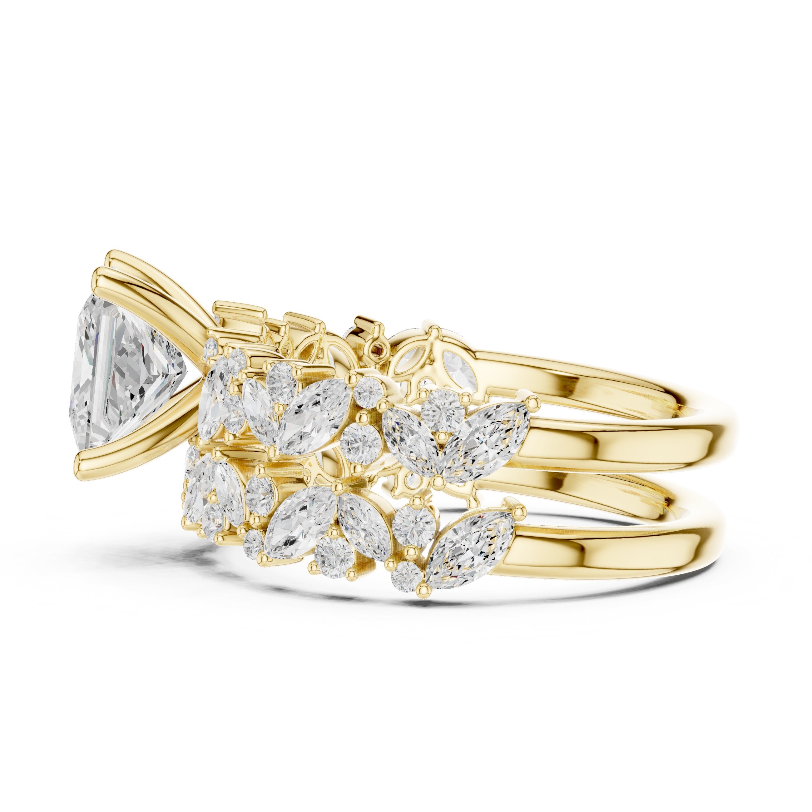 Princess Cut Engagement Ring with Marquise Vine Cluster Band in Yellow Gold - VYKA Diamonds