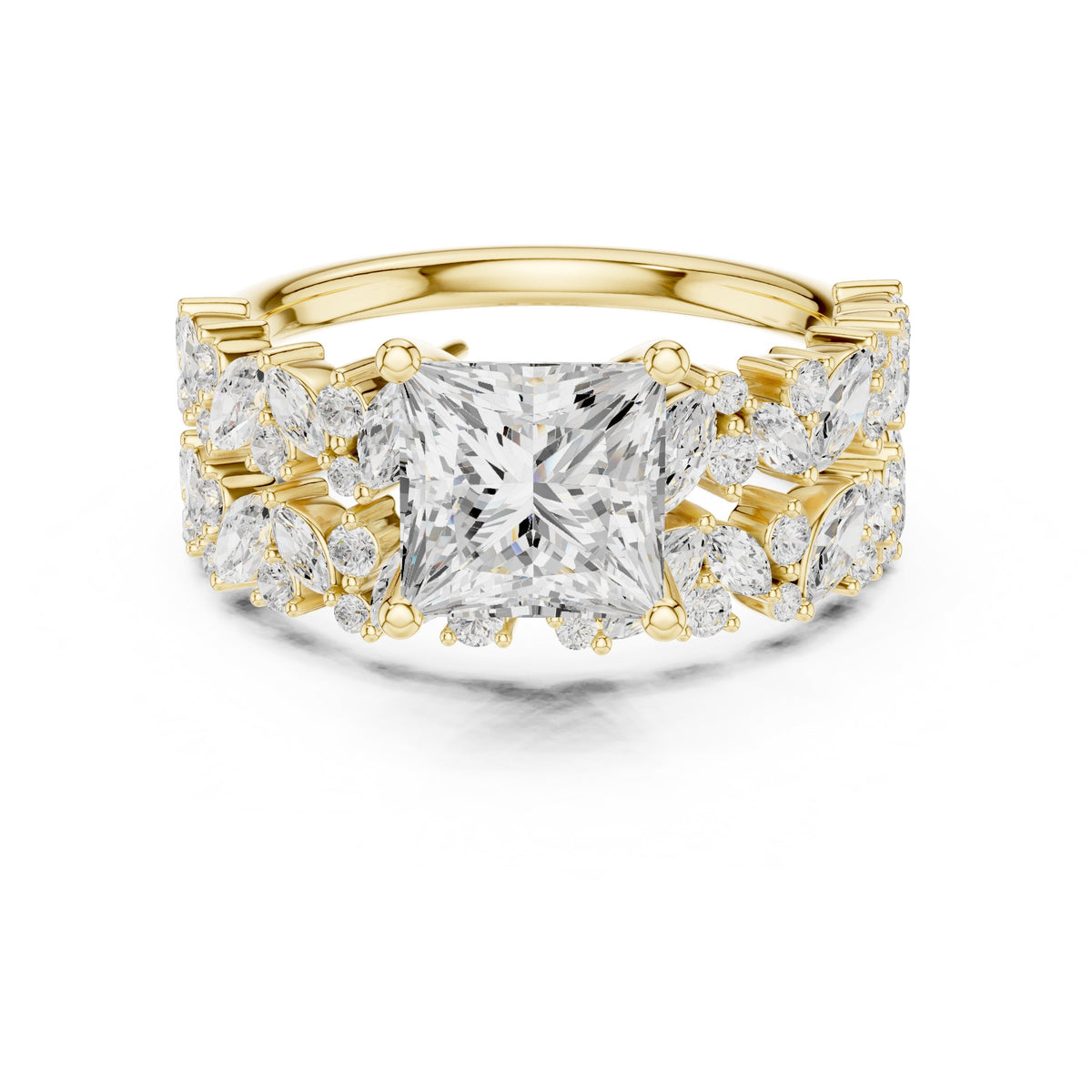 Princess Cut Engagement Ring with Marquise Vine Cluster Band