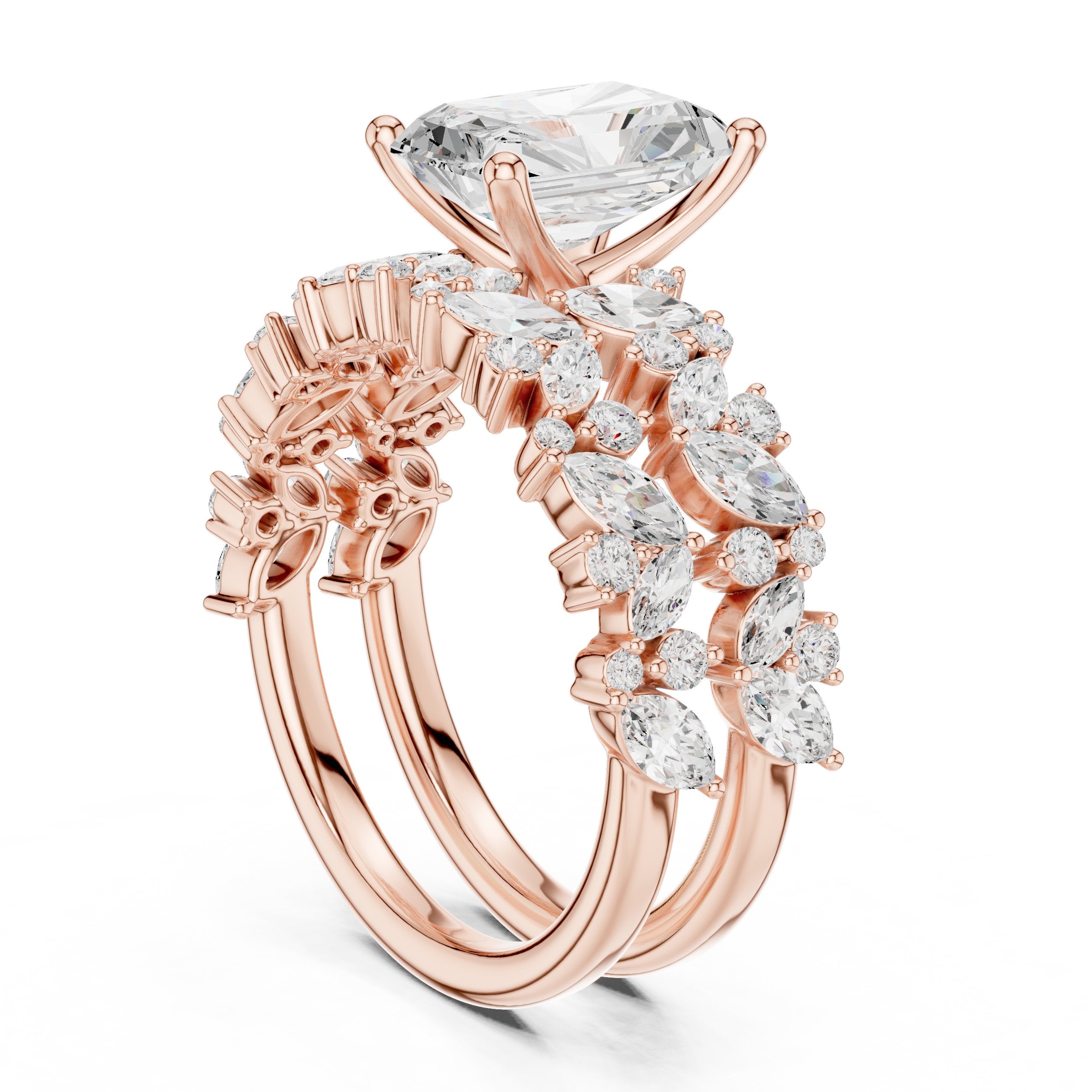 Radiant Cut Engagement Ring with Marquise Vine Cluster Band in Rose Gold - VYKA Diamonds