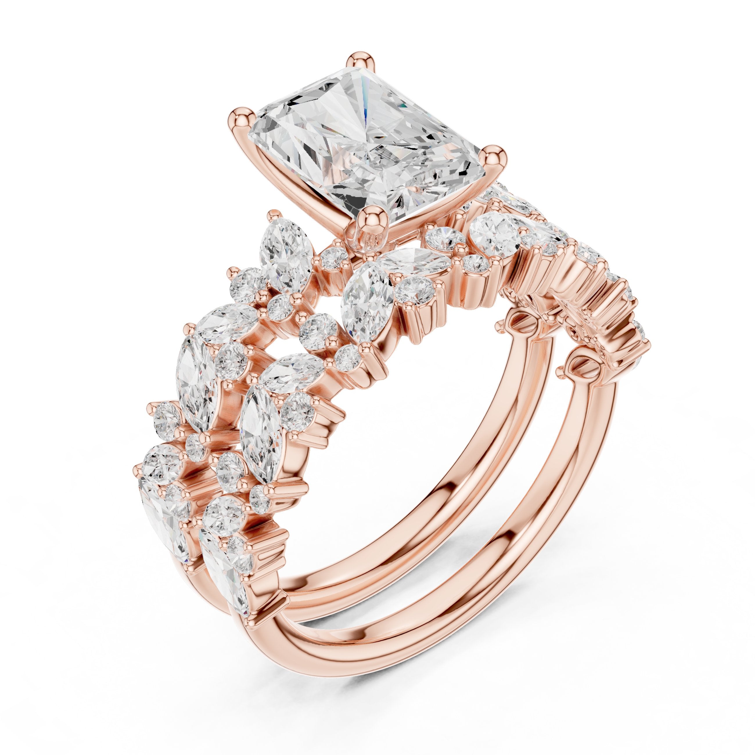 Radiant Cut Engagement Ring with Marquise Vine Cluster Band in Rose Gold - VYKA Diamonds