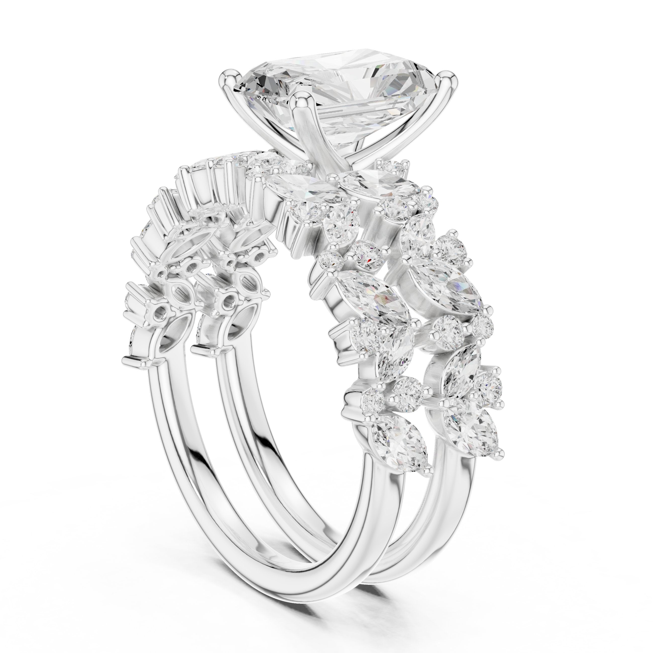 Radiant Cut Engagement Ring with Marquise Vine Cluster Band in White Gold - VYKA Diamonds