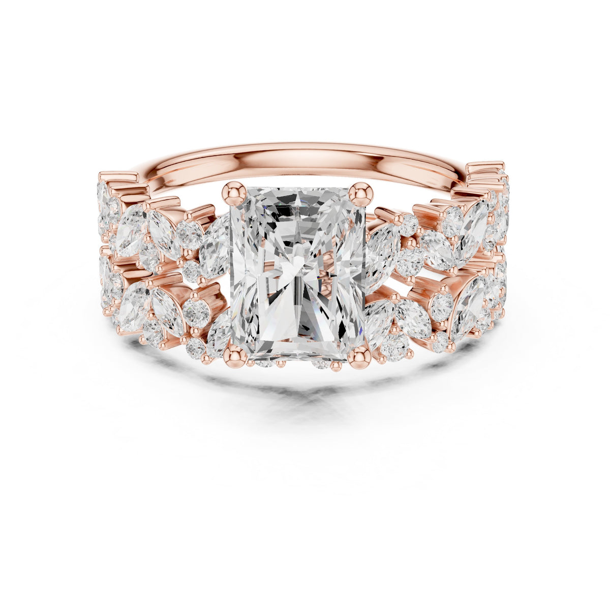 Radiant Cut Engagement Ring with Marquise Vine Cluster Band