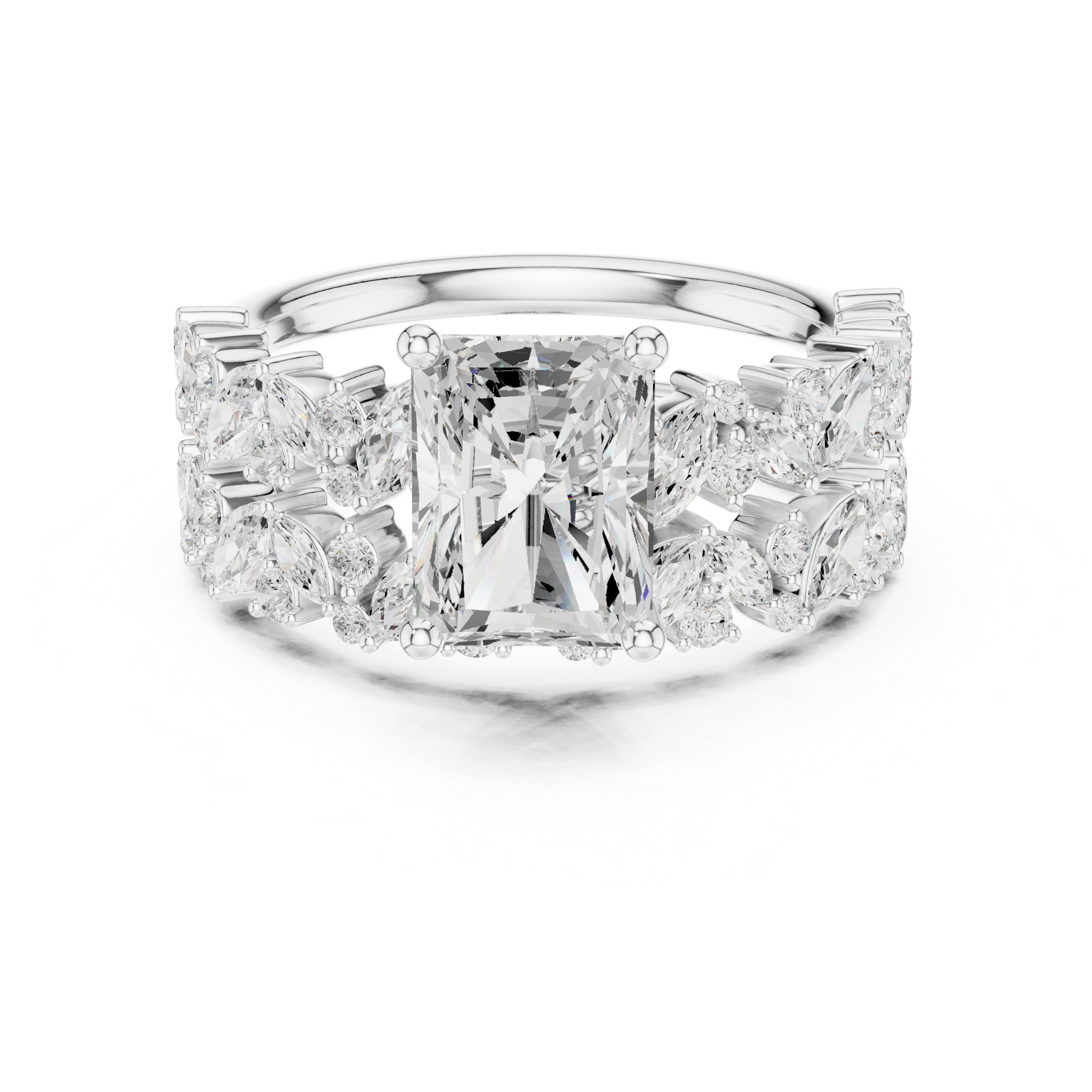 Radiant Cut Engagement Ring with Marquise Vine Cluster Band in White Gold - VYKA Diamonds