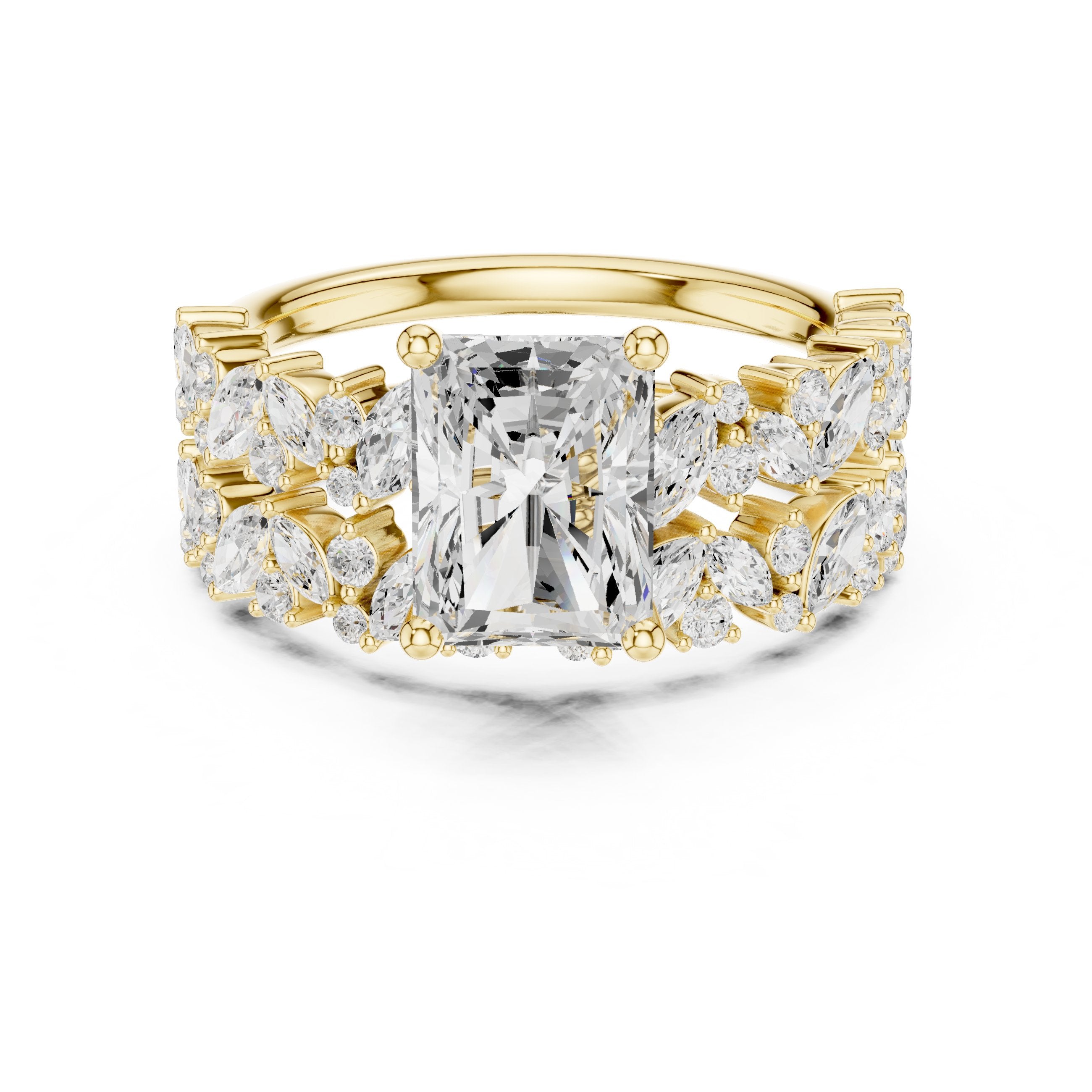 Radiant Cut Engagement Ring with Marquise Vine Cluster Band in Yellow Gold - VYKA Diamonds