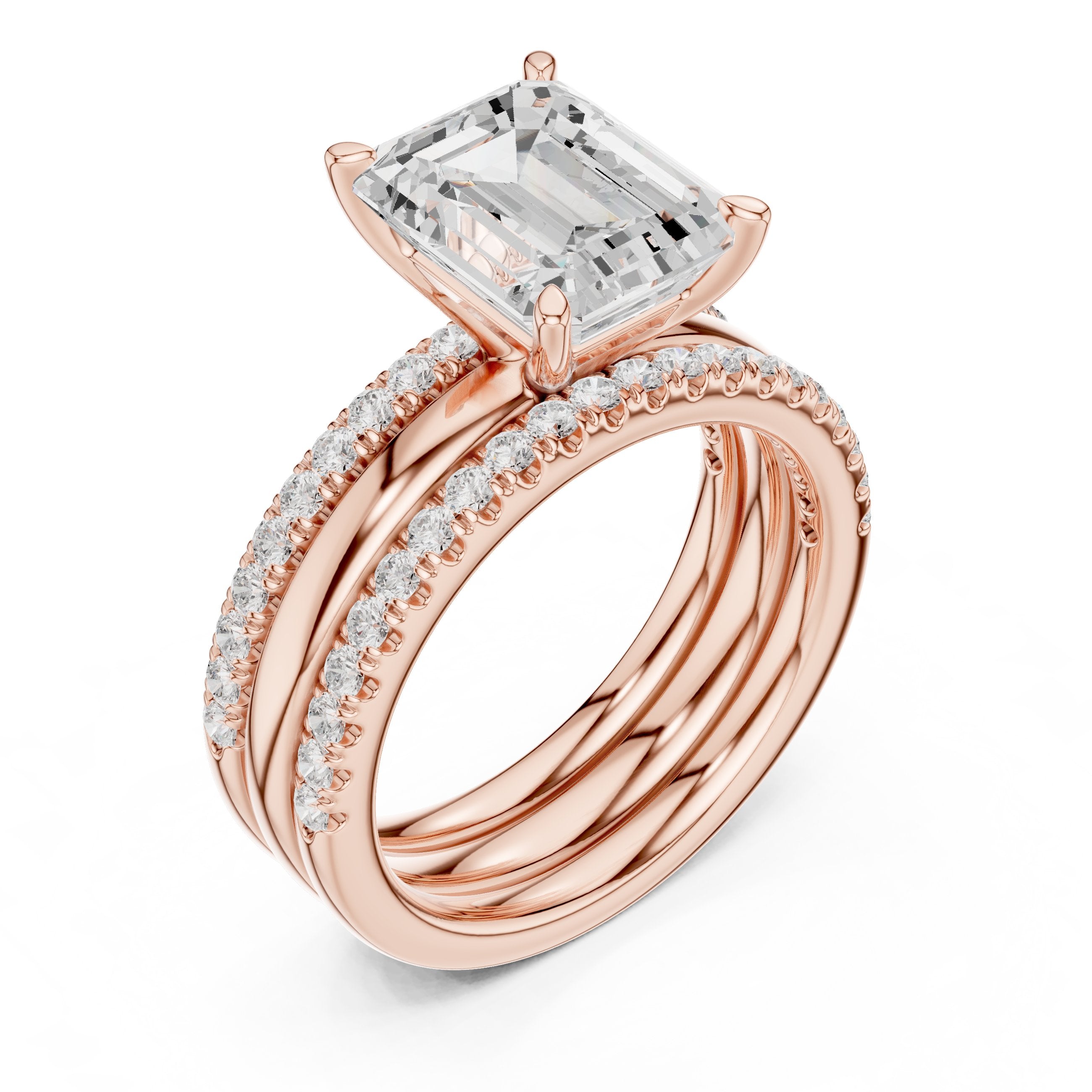 Emerald Cut Engagement Ring with Stacked Double Pavé Band in Rose Gold - VYKA Diamonds