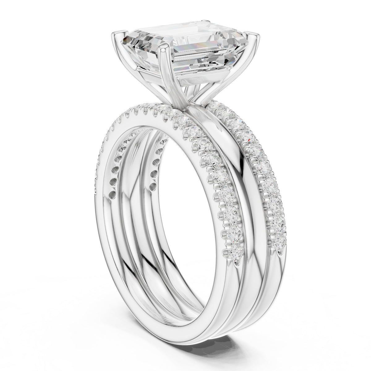 Emerald Cut Engagement Ring with Stacked Double Pavé Band
