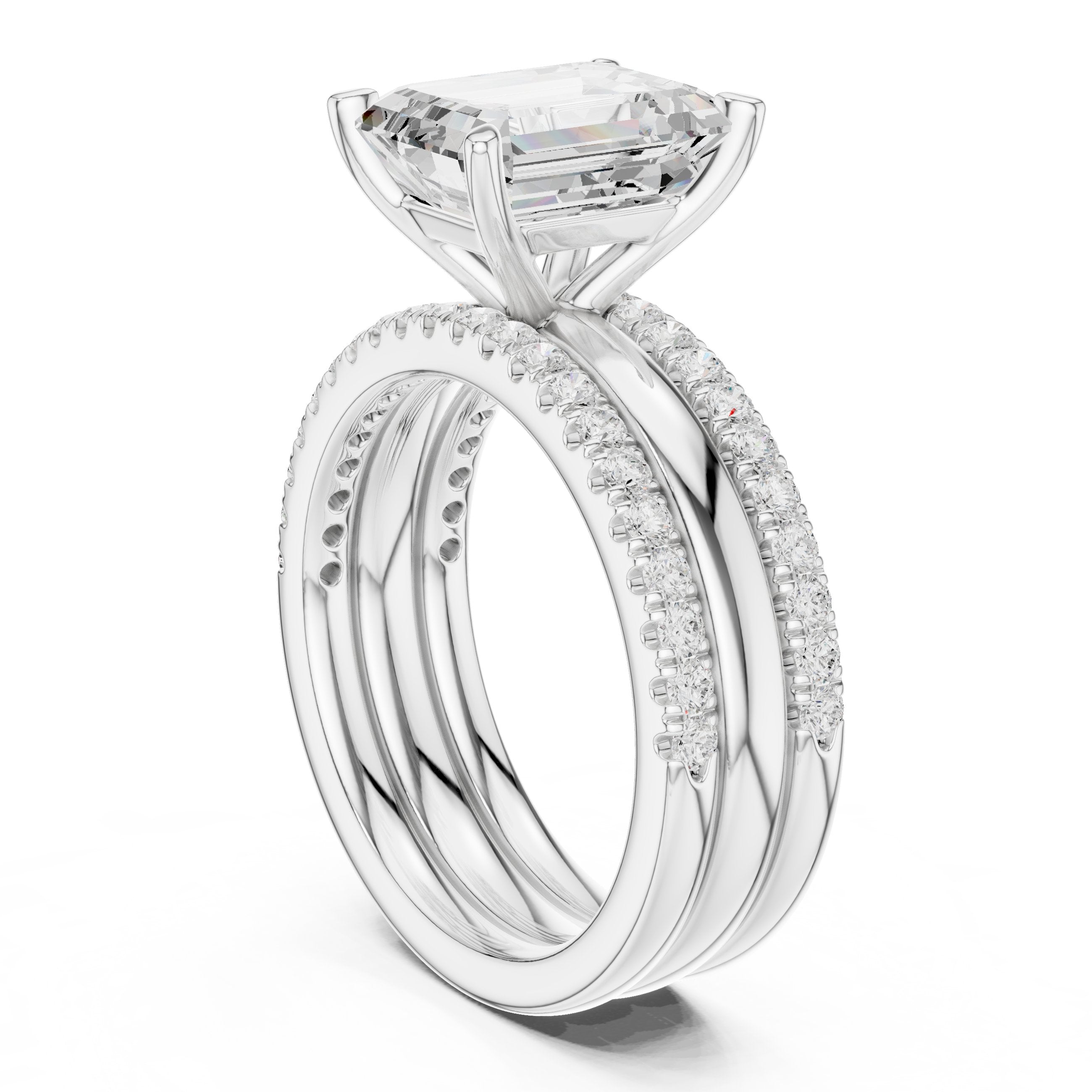 Emerald Cut Engagement Ring with Stacked Double Pavé Band in White Gold - VYKA Diamonds