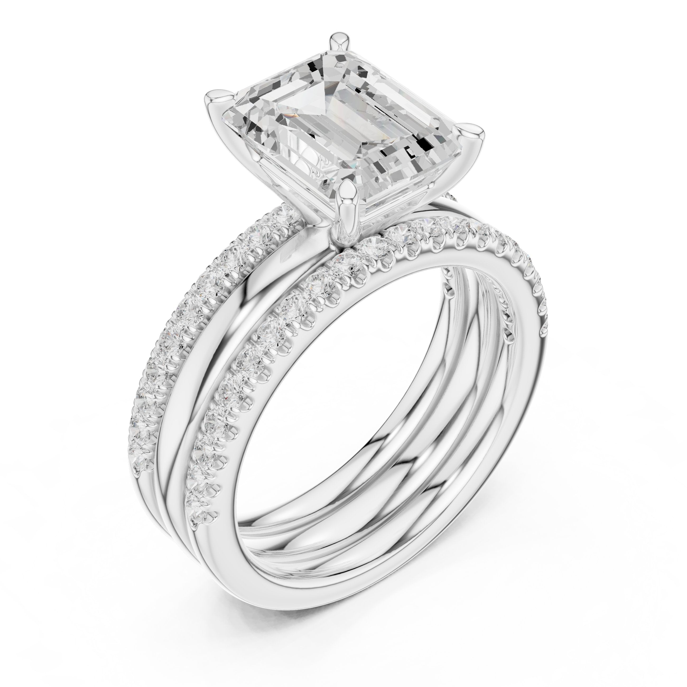 Emerald Cut Engagement Ring with Stacked Double Pavé Band in White Gold - VYKA Diamonds