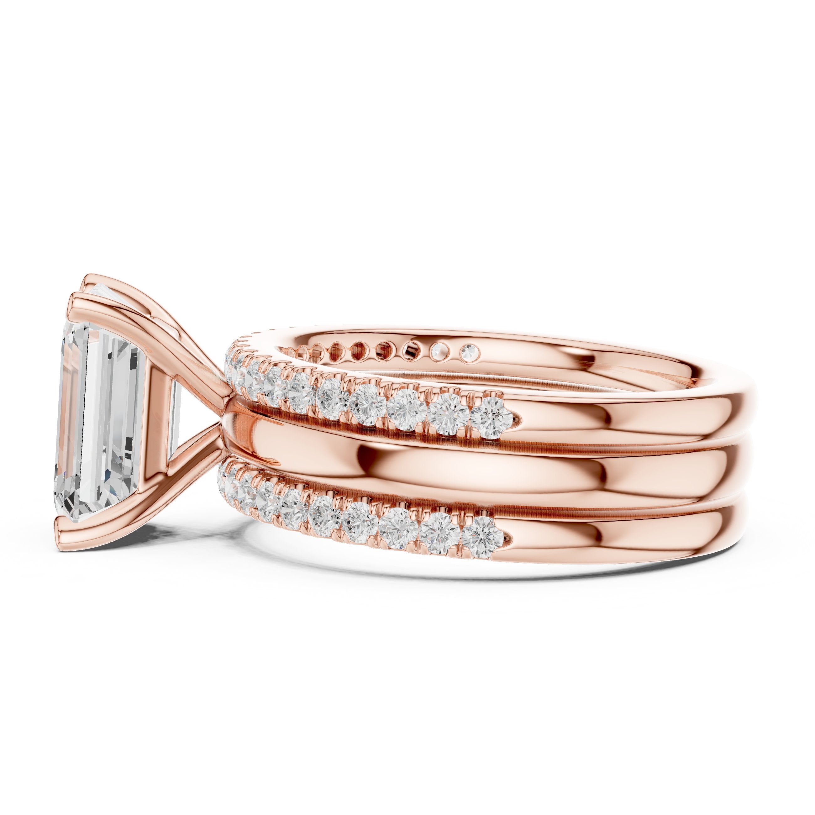 Emerald Cut Engagement Ring with Stacked Double Pavé Band in Rose Gold - VYKA Diamonds
