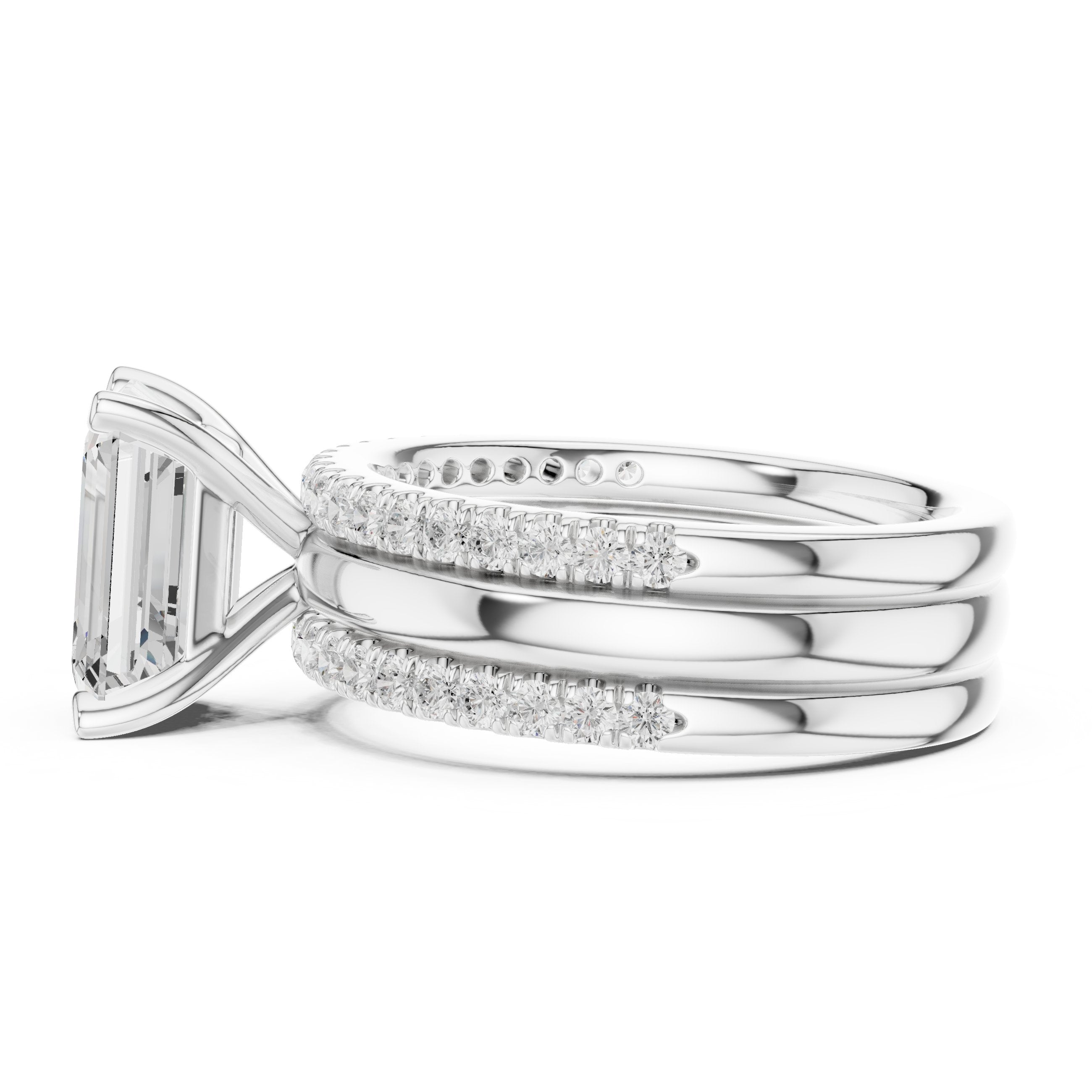 Emerald Cut Engagement Ring with Stacked Double Pavé Band in White Gold - VYKA Diamonds