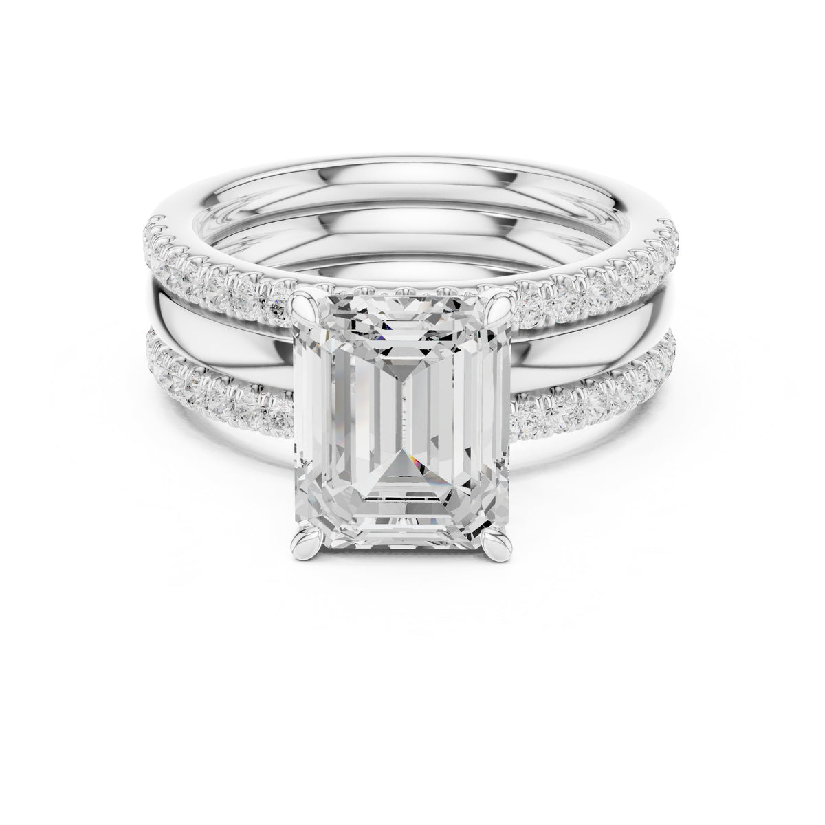 Emerald Cut Engagement Ring with Stacked Double Pavé Band