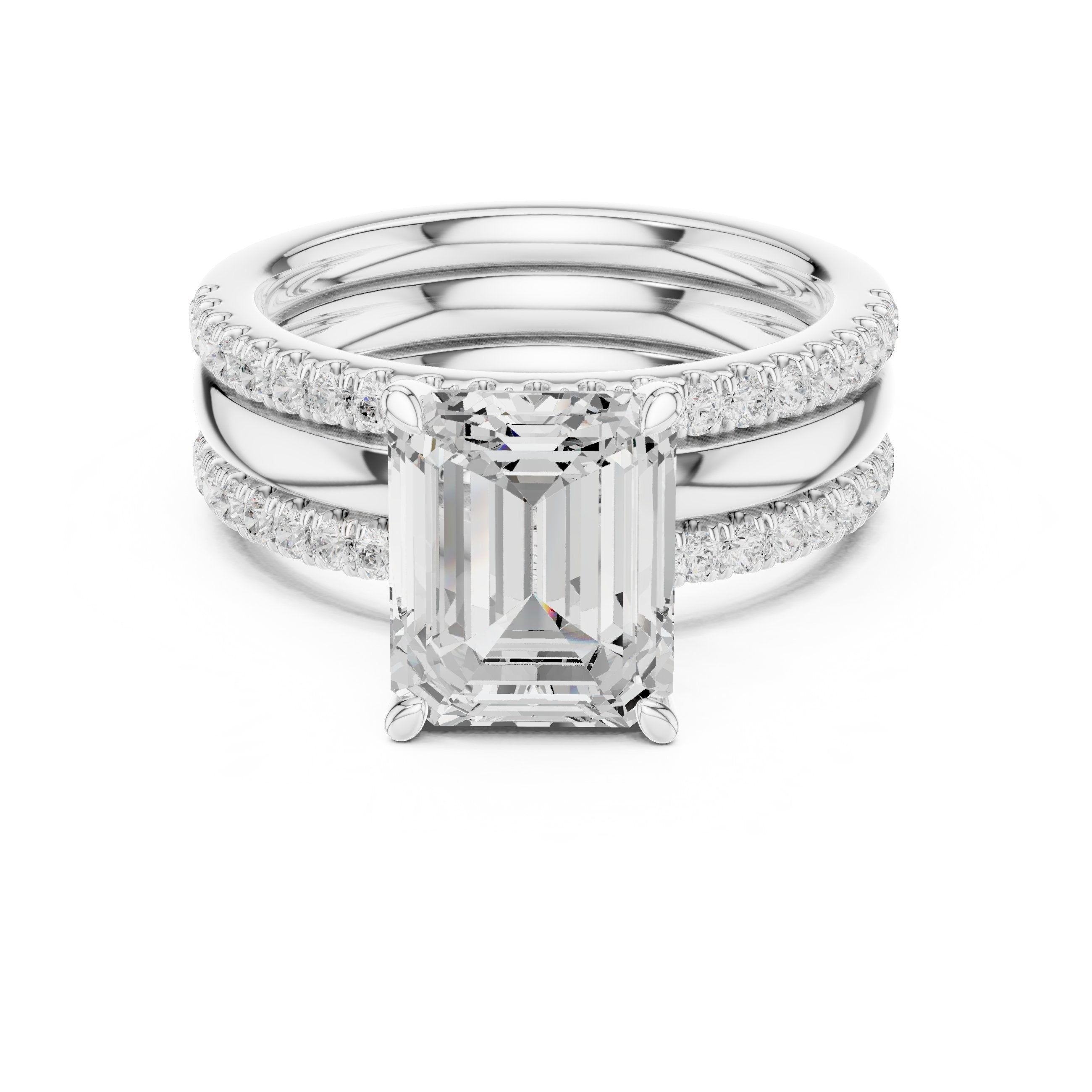 Emerald Cut Engagement Ring with Stacked Double Pavé Band in White Gold - VYKA Diamonds