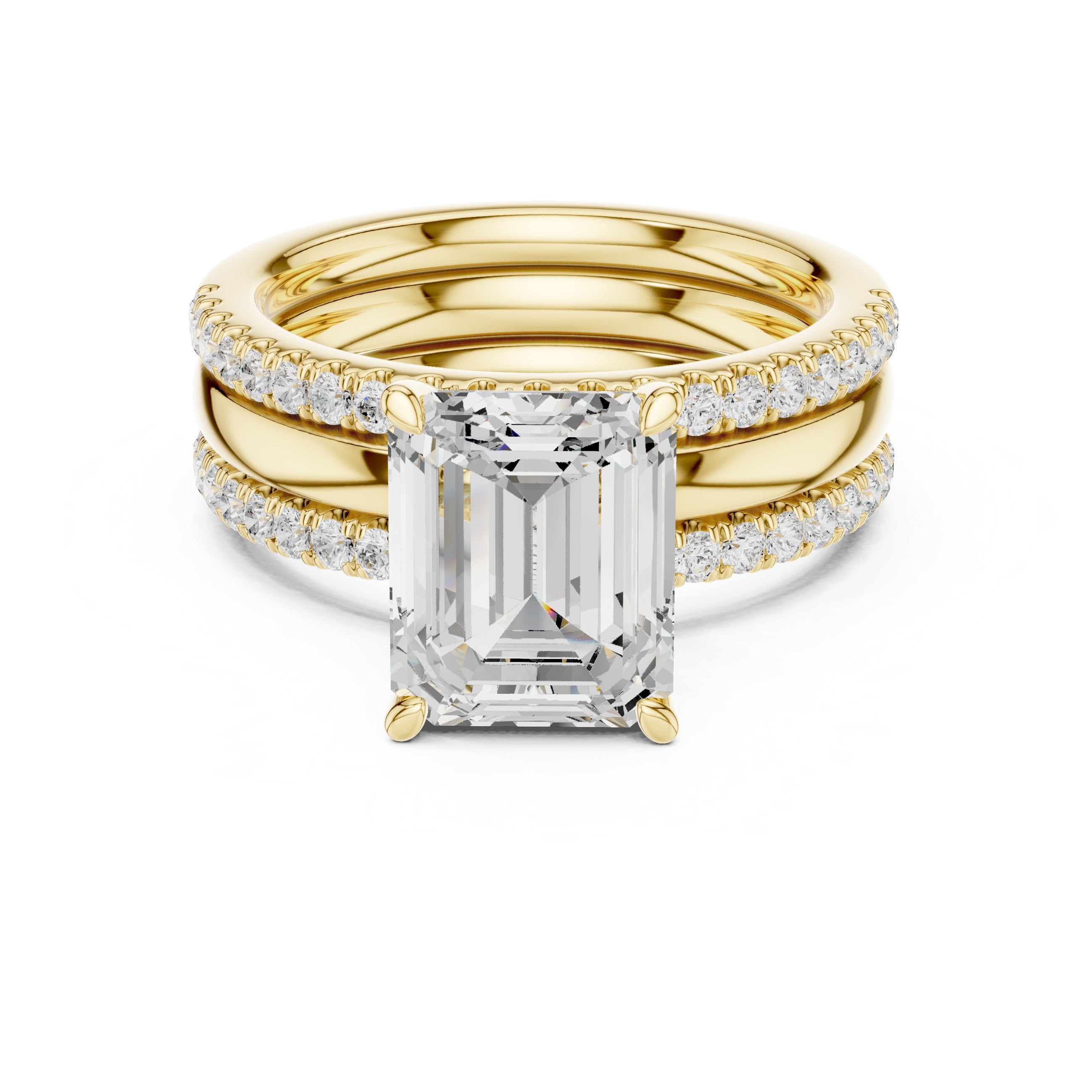 Emerald Cut Engagement Ring with Stacked Double Pavé Band in Yellow Gold - VYKA Diamonds