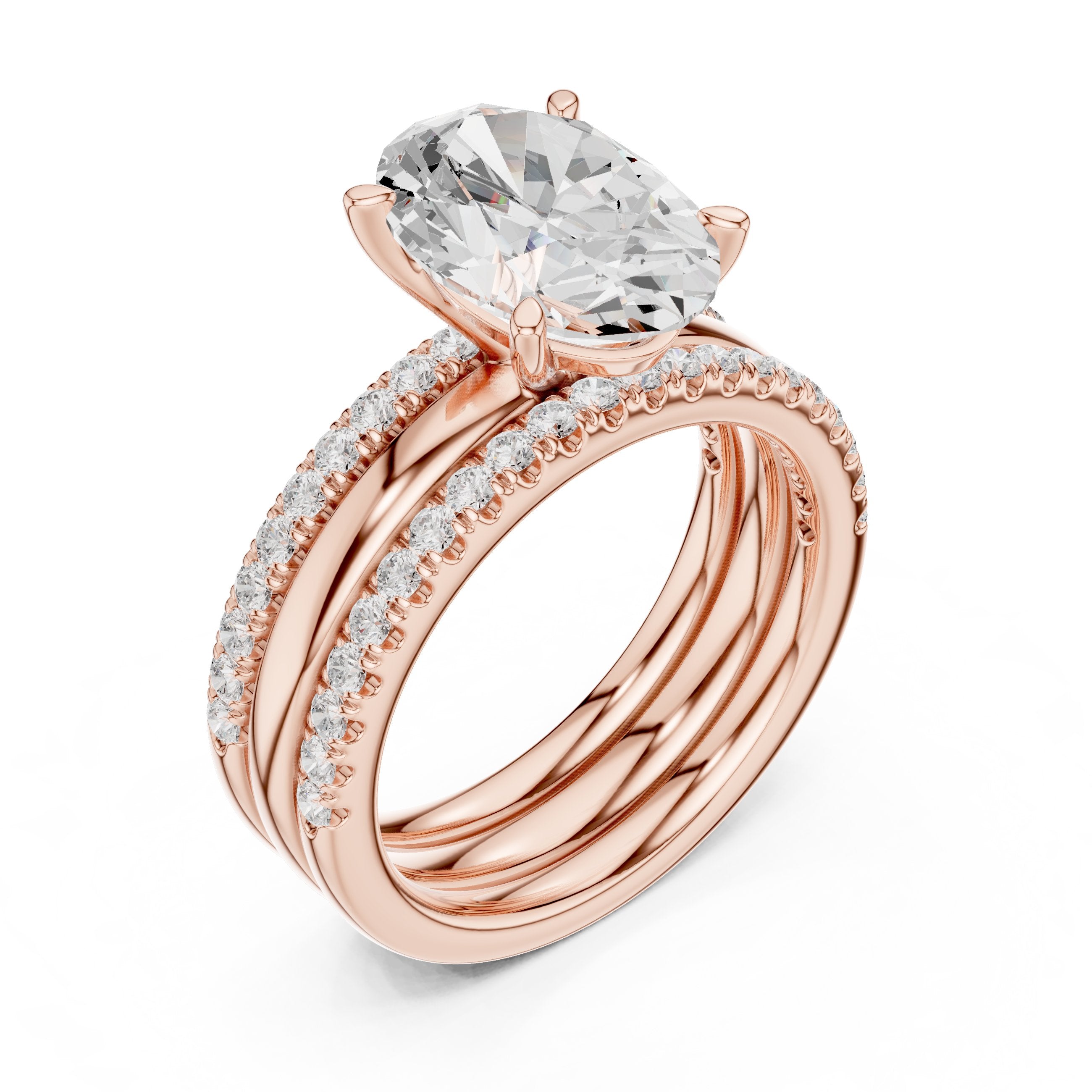 Oval Diamond Engagement Ring with Triple Stacked Pavé Band in Rose Gold - VYKA Diamonds