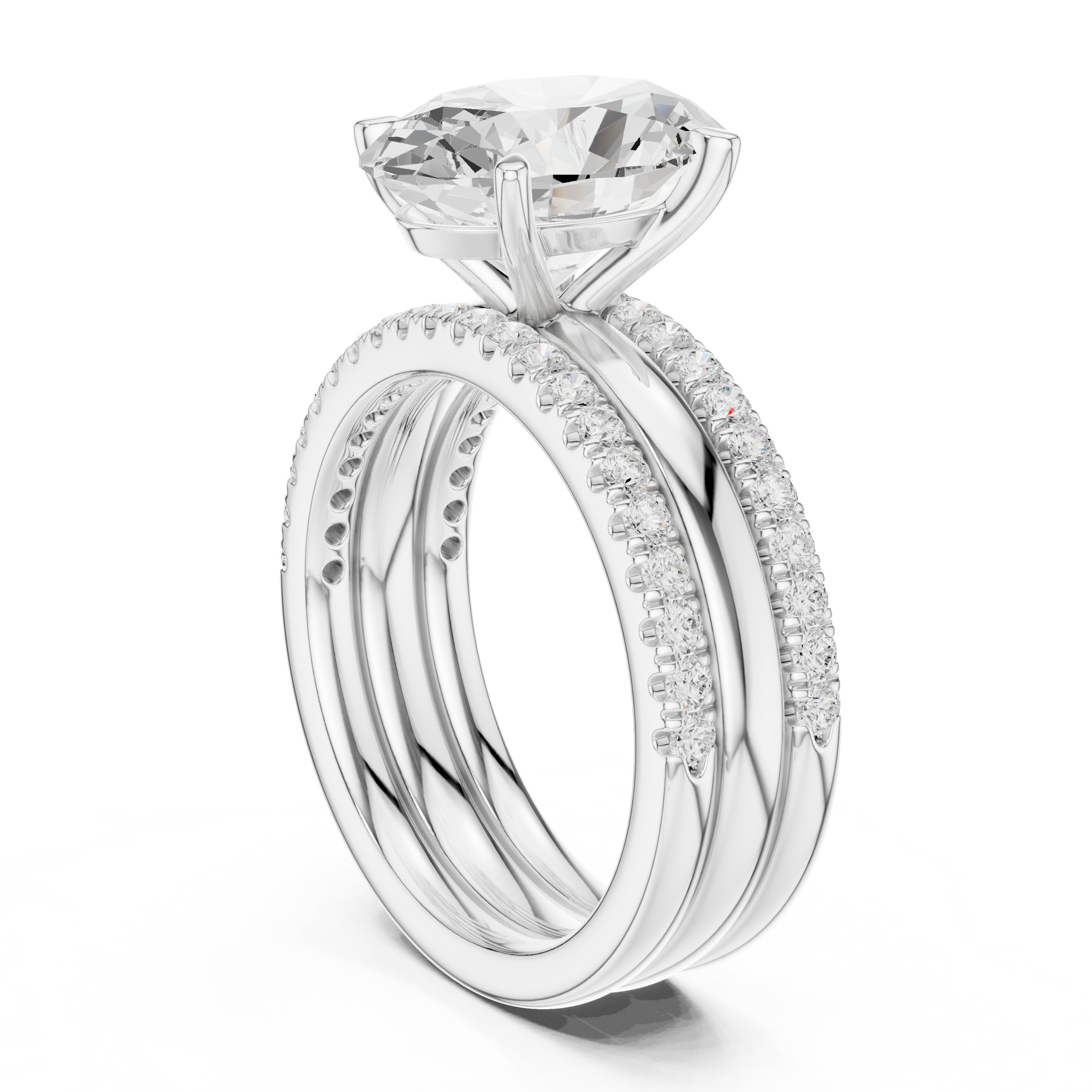 Oval Diamond Engagement Ring with Triple Stacked Pavé Band in White Gold - VYKA Diamonds