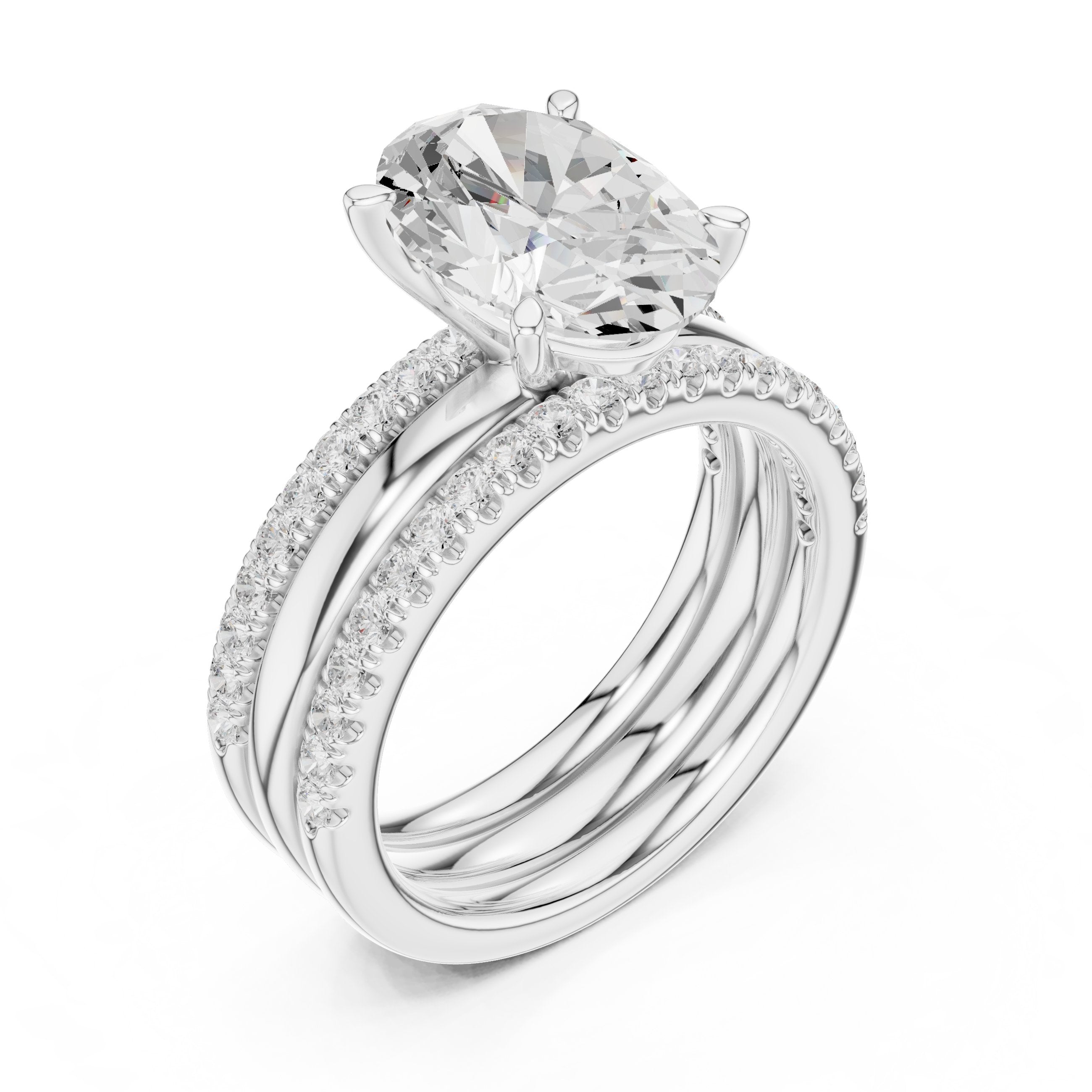 Oval Diamond Engagement Ring with Triple Stacked Pavé Band in White Gold - VYKA Diamonds