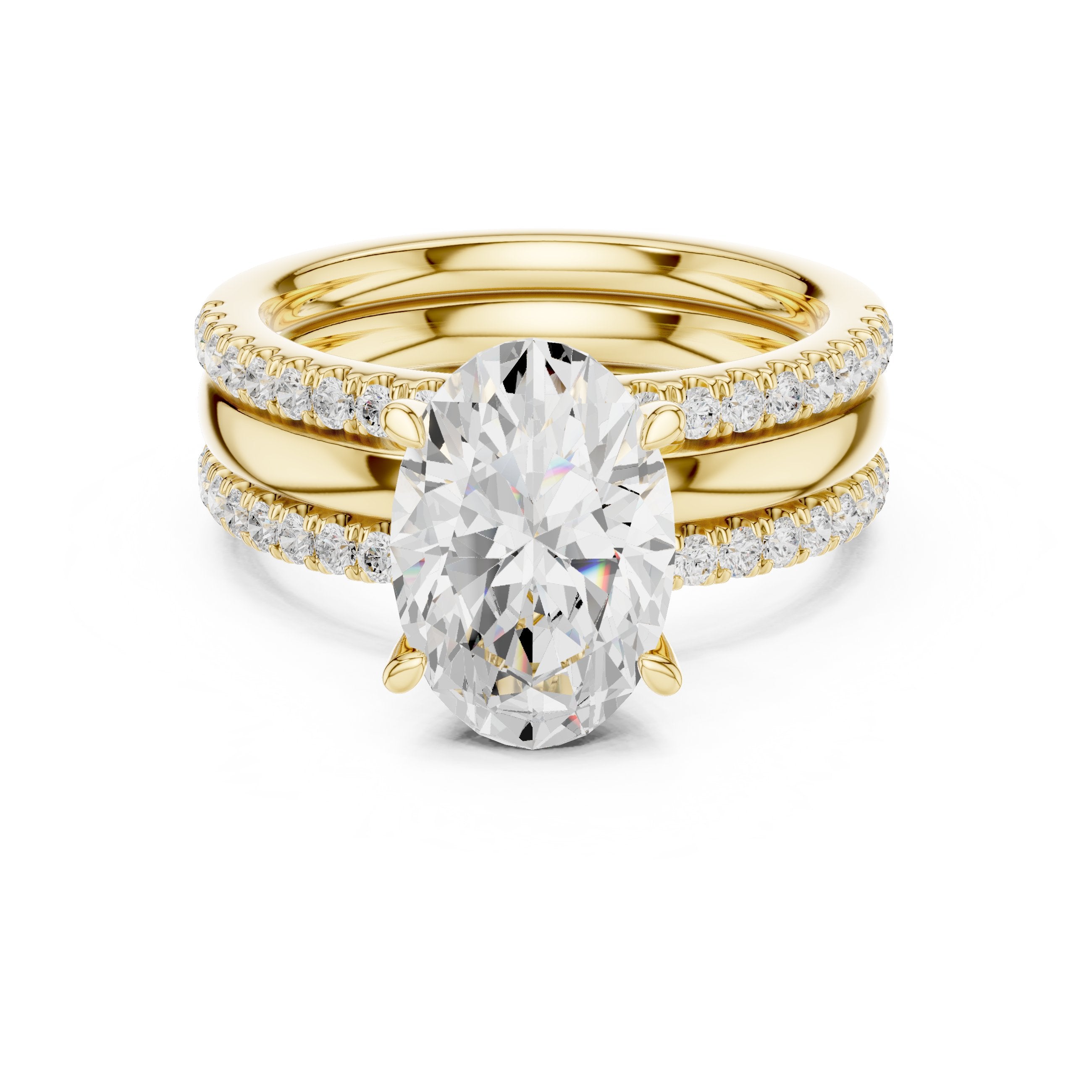 Oval Diamond Engagement Ring with Triple Stacked Pavé Band in Yellow Gold - VYKA Diamonds