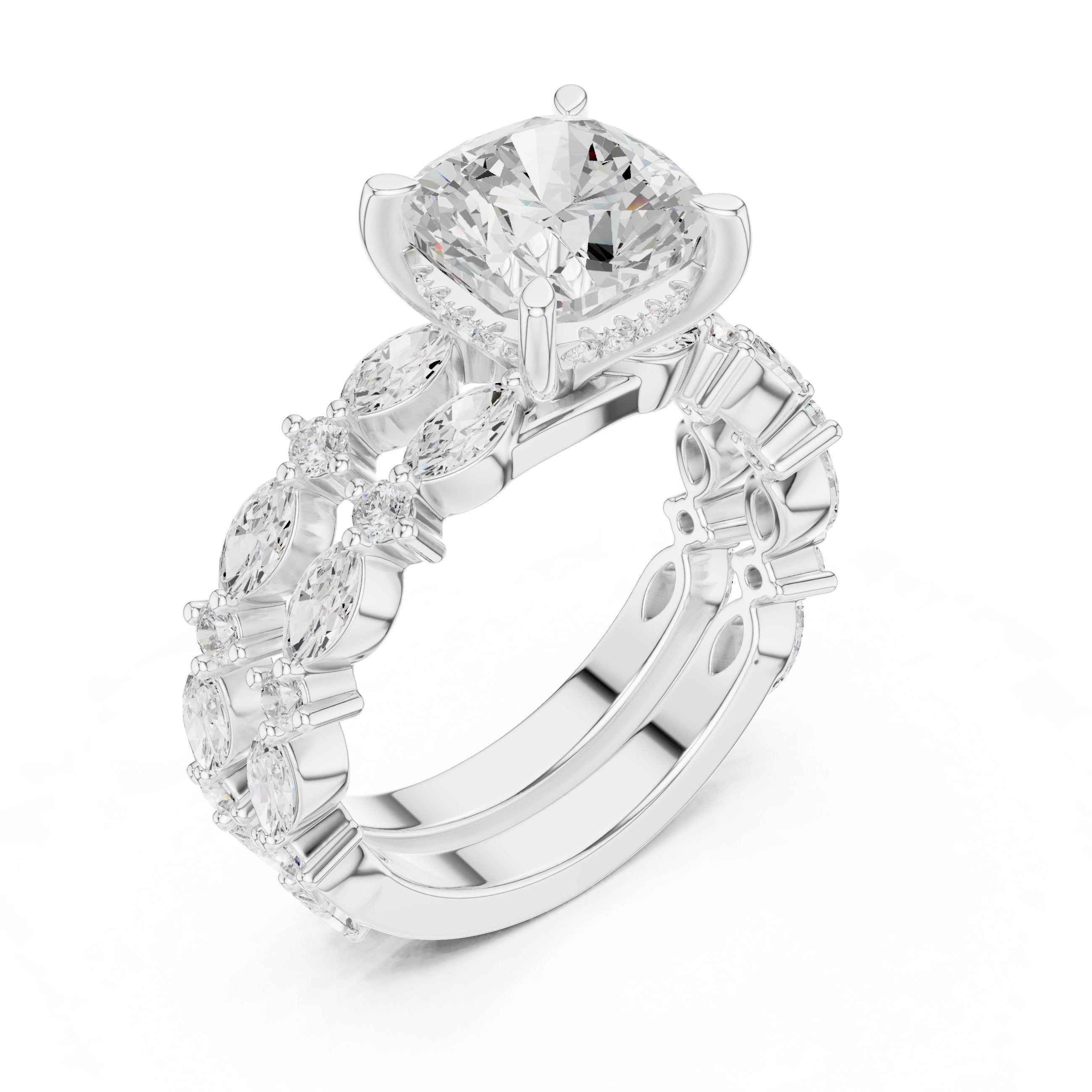 Cushion Cut Engagement Ring with Marquise Vine Cluster Band in White Gold - VYKA Diamonds