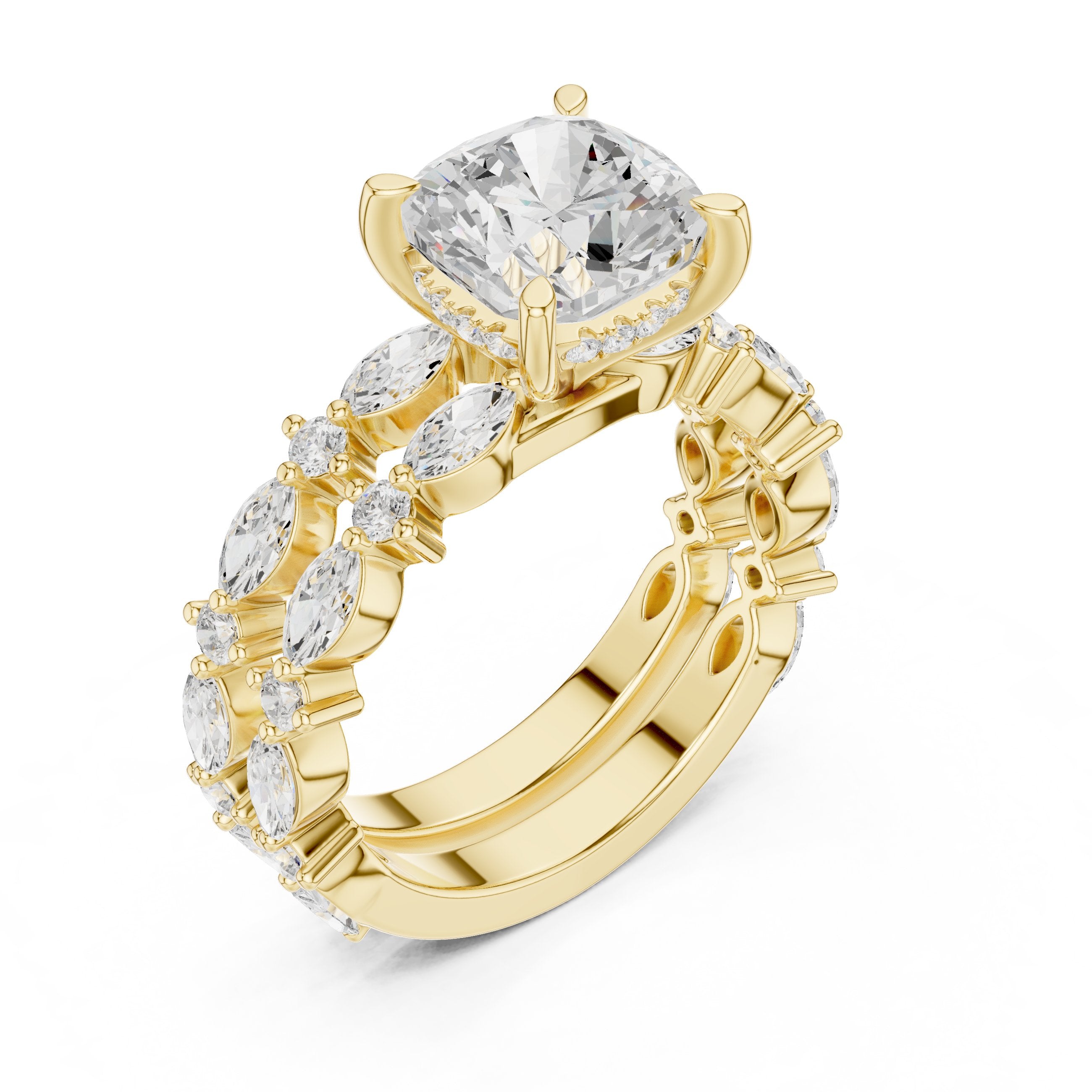 Cushion Cut Engagement Ring with Marquise Vine Cluster Band in Yellow Gold - VYKA Diamonds