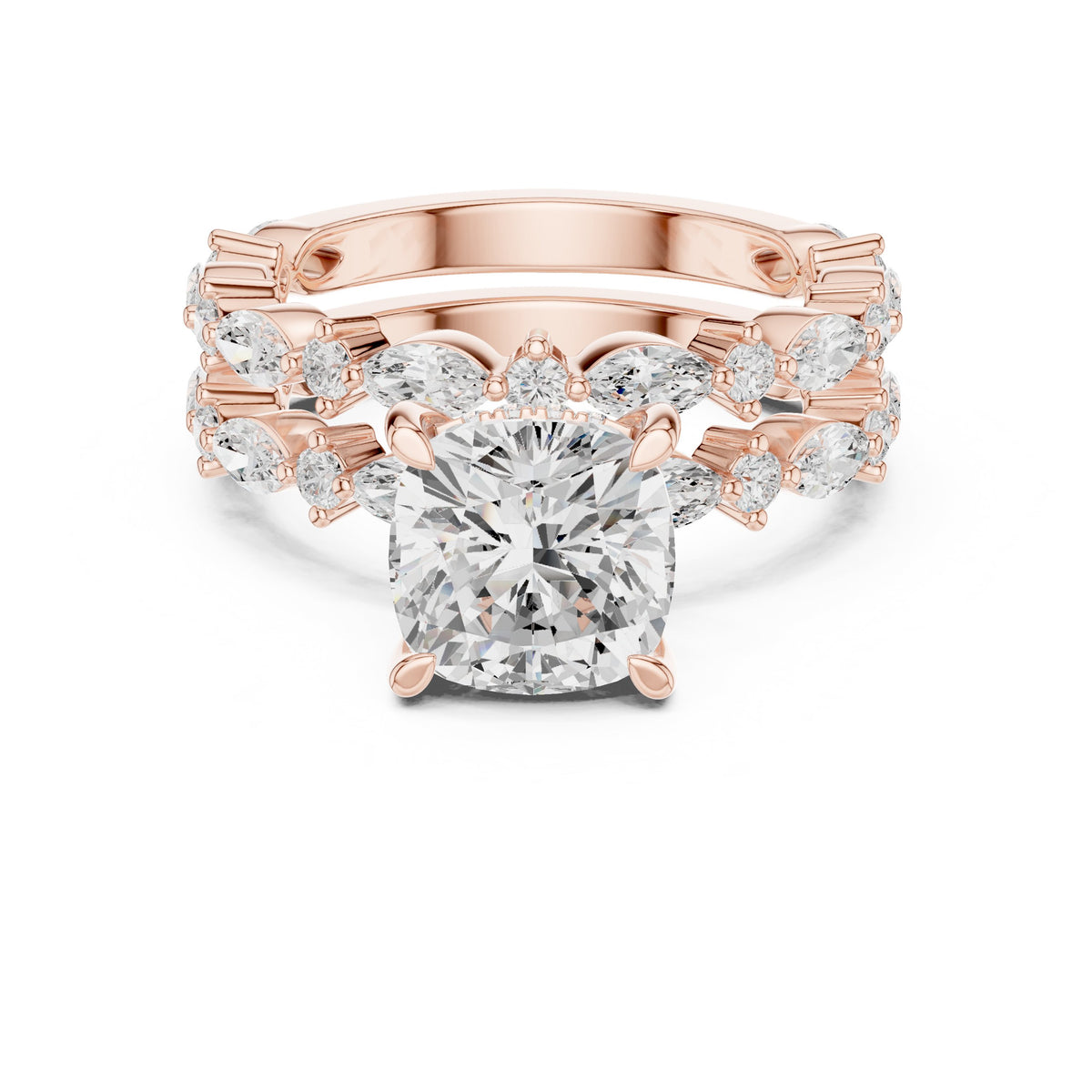 Cushion Cut Engagement Ring with Marquise Vine Cluster Band