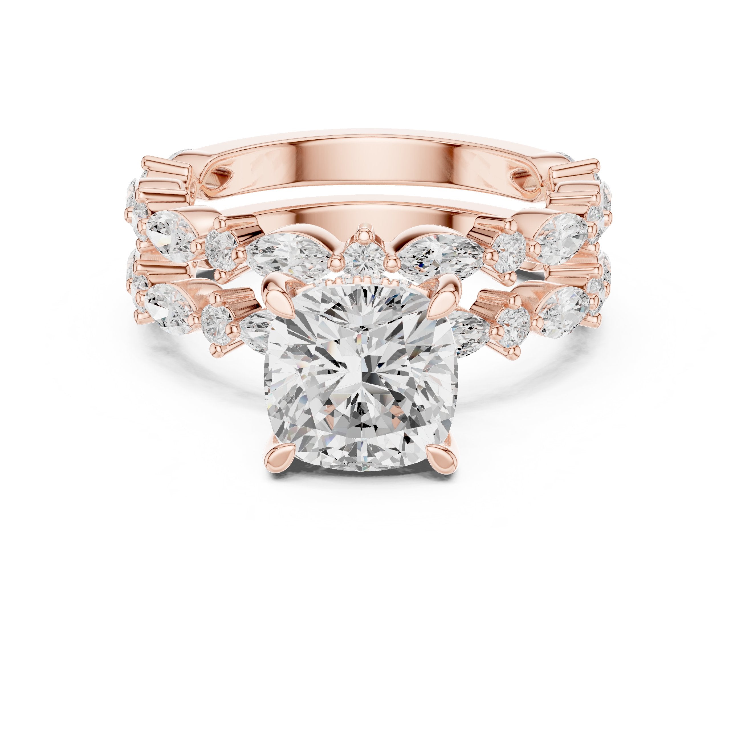 Cushion Cut Engagement Ring with Marquise Vine Cluster Band in Rose Gold - VYKA Diamonds