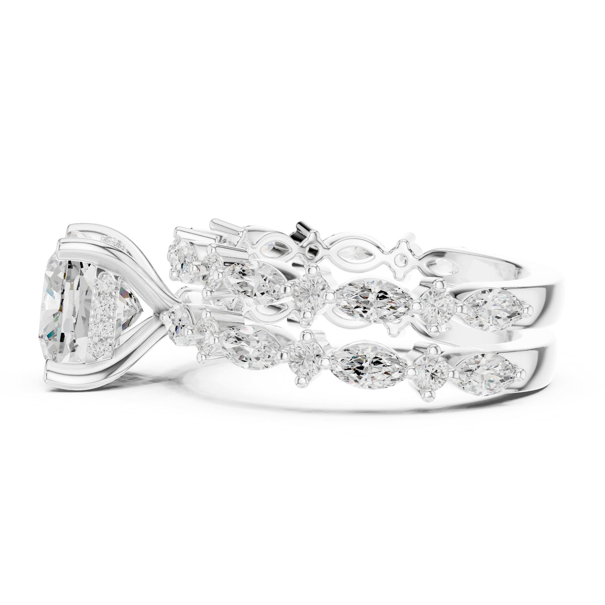 Cushion Cut Engagement Ring with Marquise Vine Cluster Band