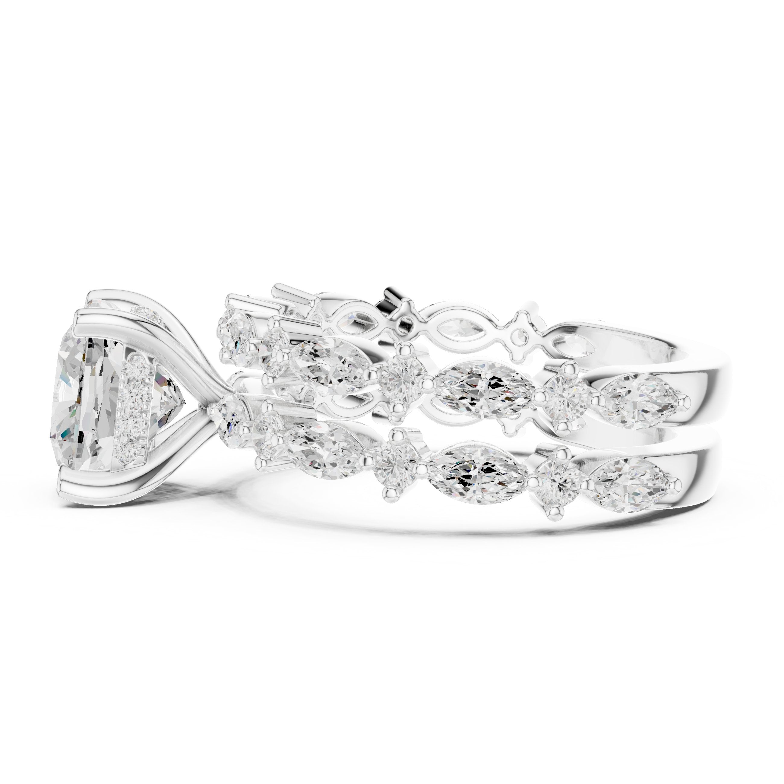 Cushion Cut Engagement Ring with Marquise Vine Cluster Band in White Gold - VYKA Diamonds