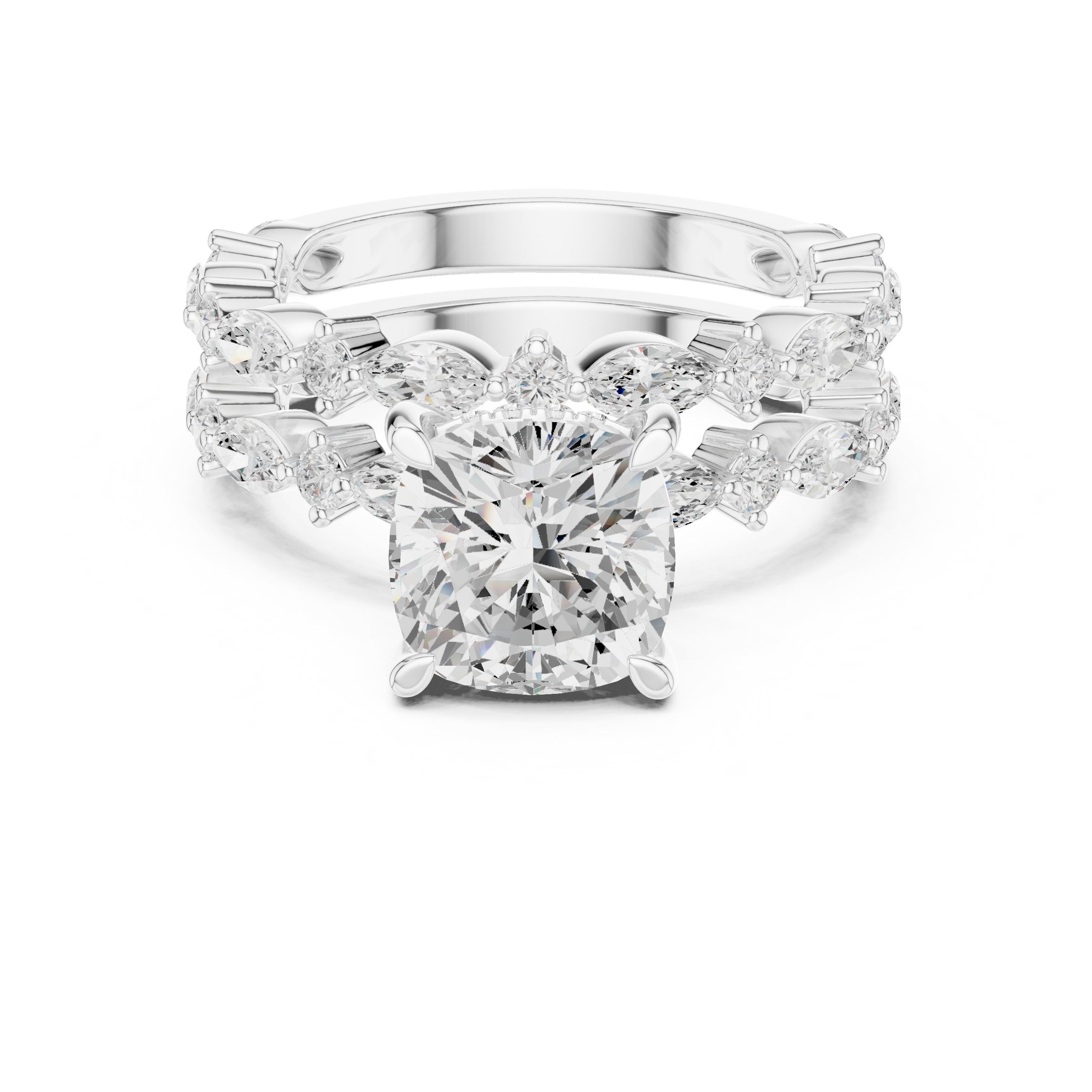 Cushion Cut Engagement Ring with Marquise Vine Cluster Band in White Gold - VYKA Diamonds