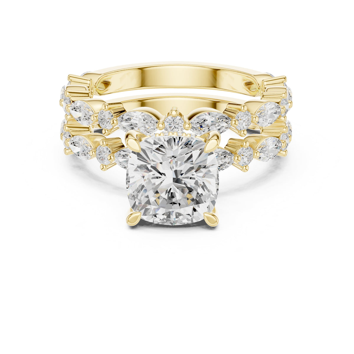 Cushion Cut Engagement Ring with Marquise Vine Cluster Band