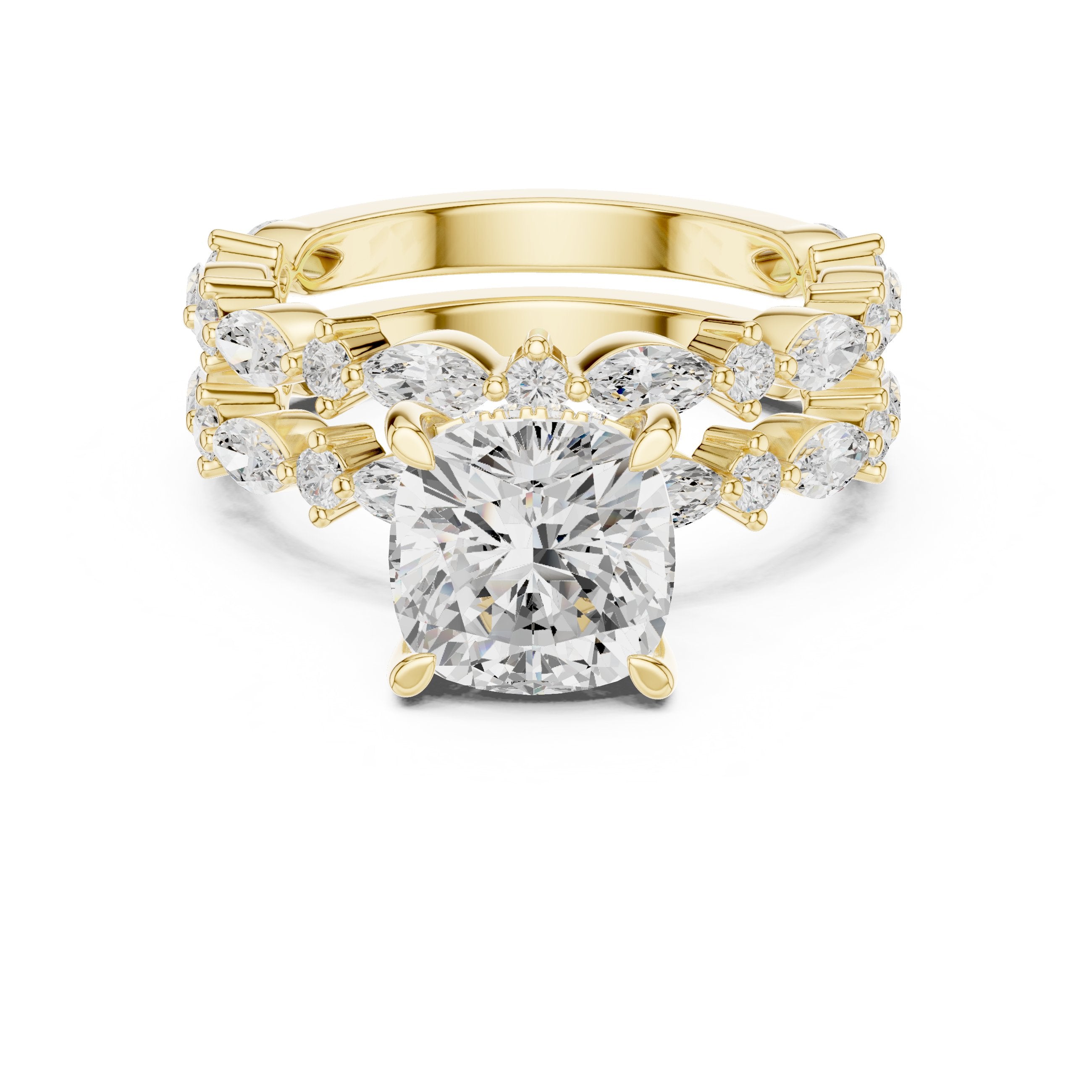 Cushion Cut Engagement Ring with Marquise Vine Cluster Band in Yellow Gold - VYKA Diamonds