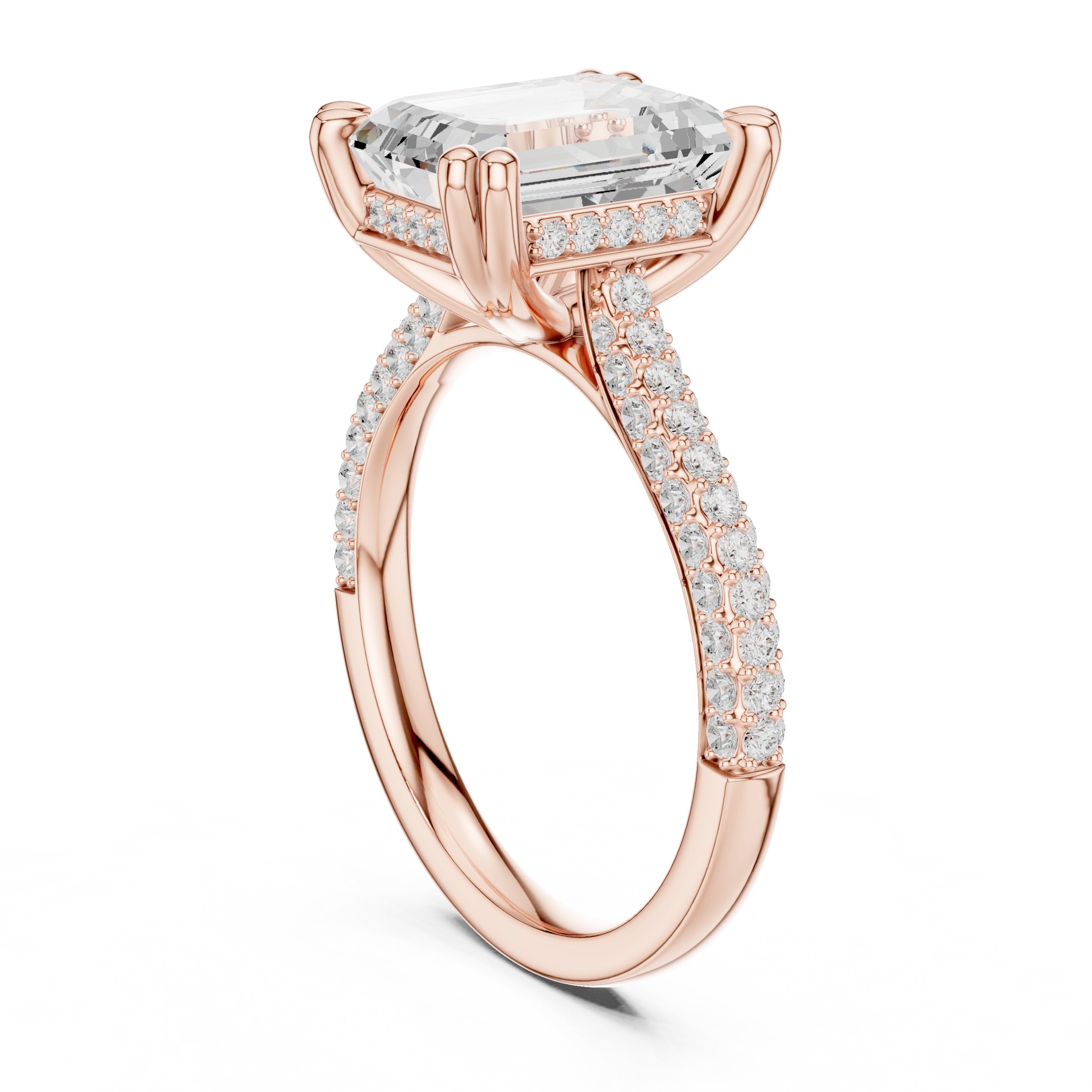 Emerald Cut Engagement Ring with Pavé Band and Cathedral Setting in Rose Gold - VYKA Diamonds