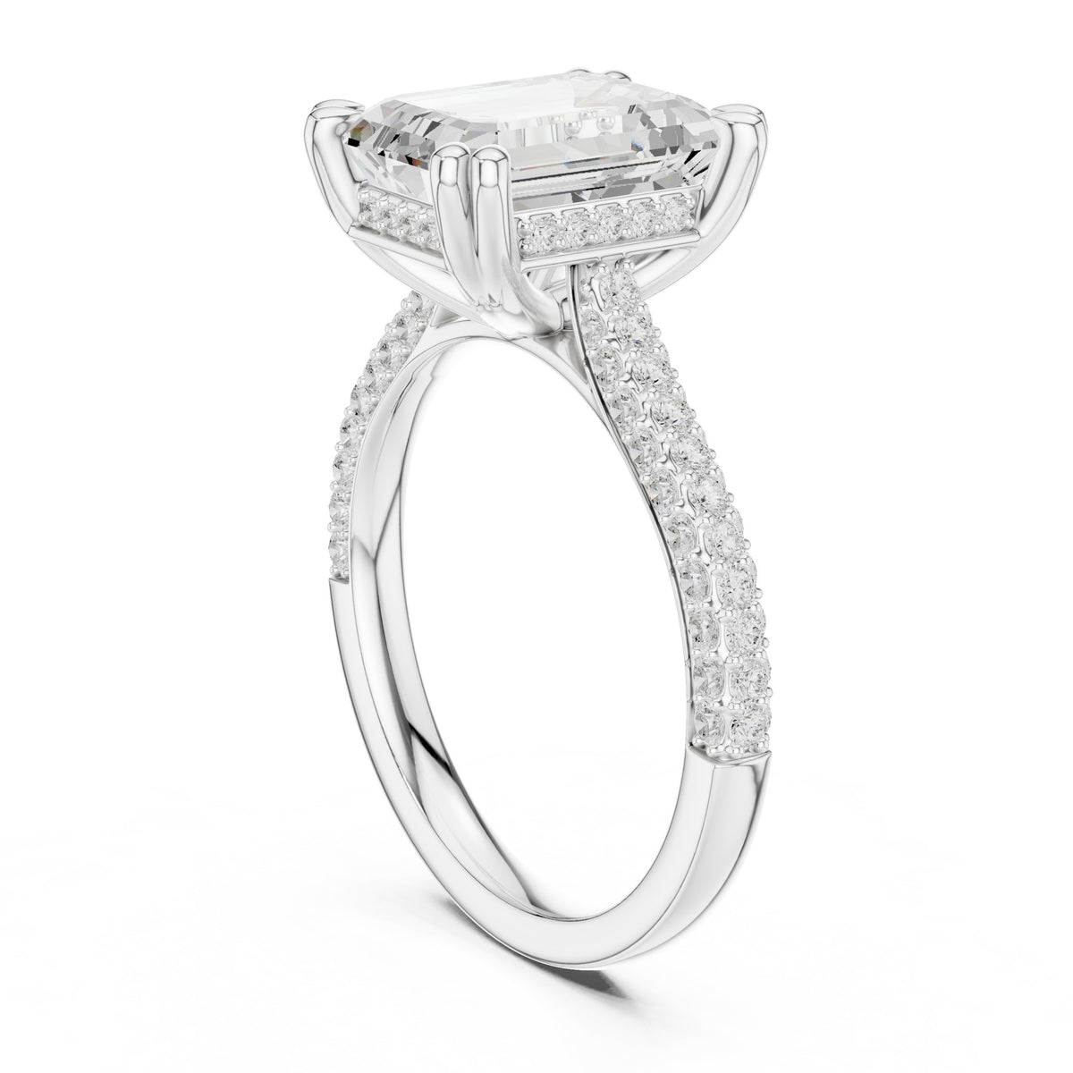Emerald Cut Engagement Ring with Pavé Band and Cathedral Setting