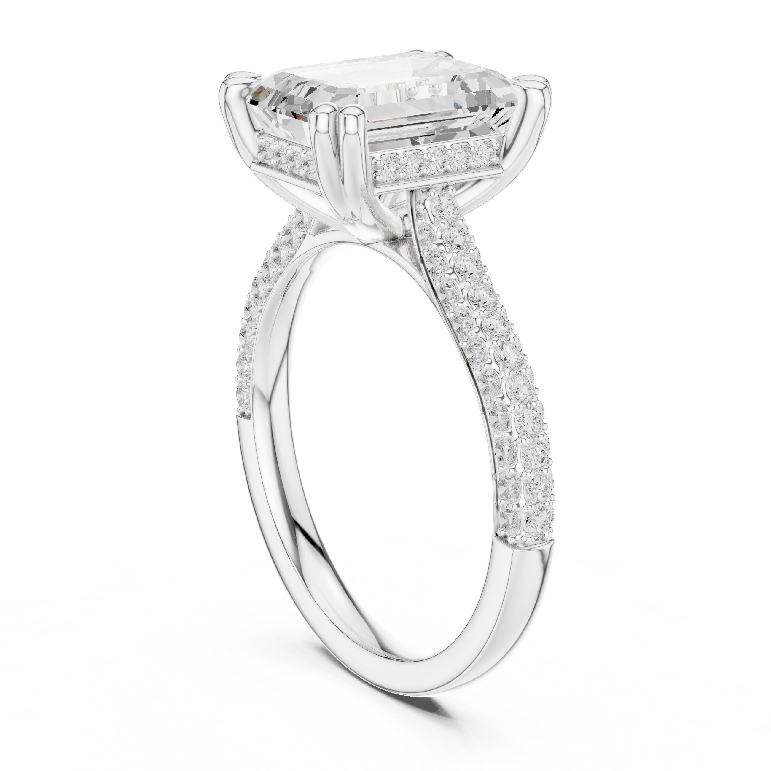 Emerald Cut Engagement Ring with Pavé Band and Cathedral Setting in White Gold - VYKA Diamonds