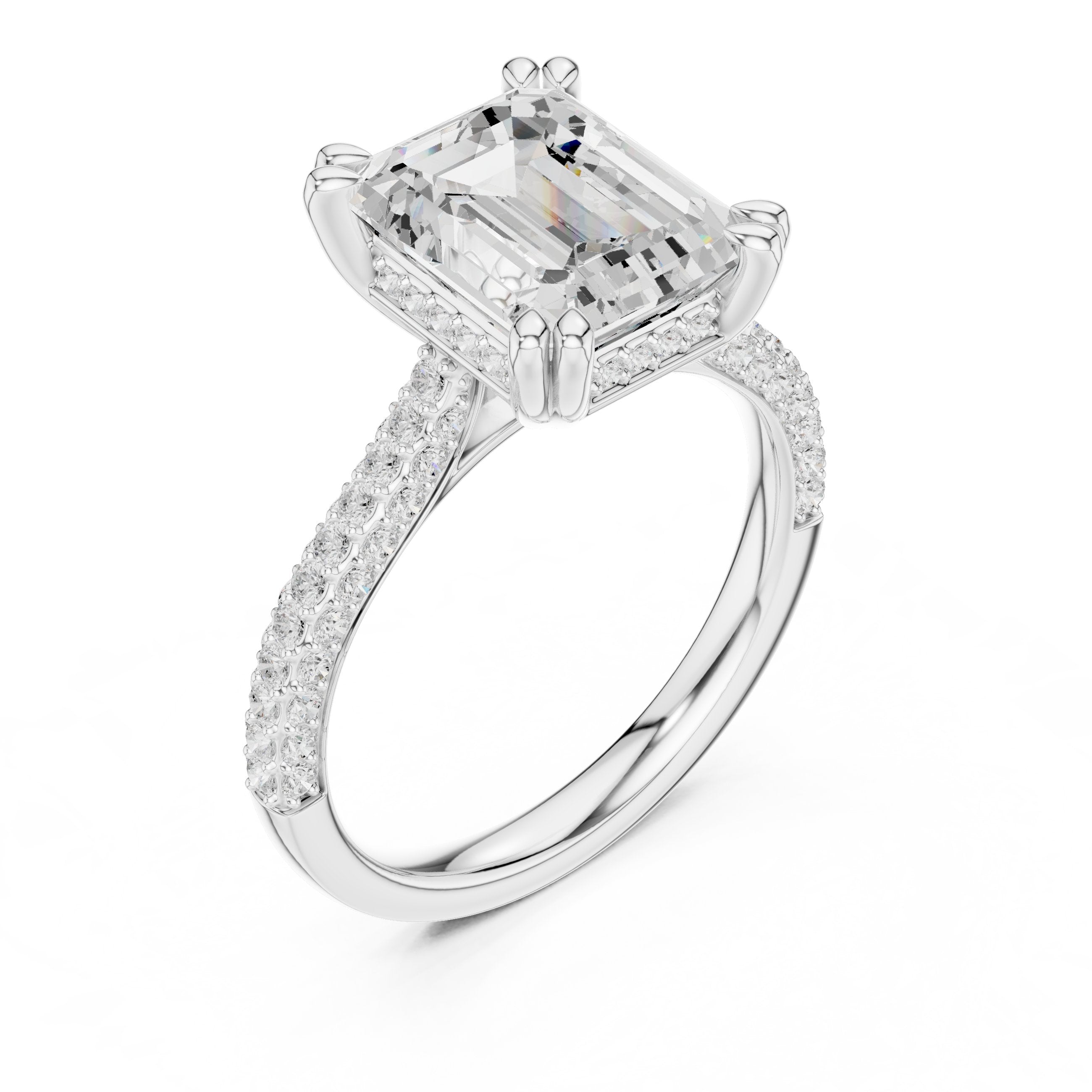Emerald Cut Engagement Ring with Pavé Band and Cathedral Setting in White Gold - VYKA Diamonds
