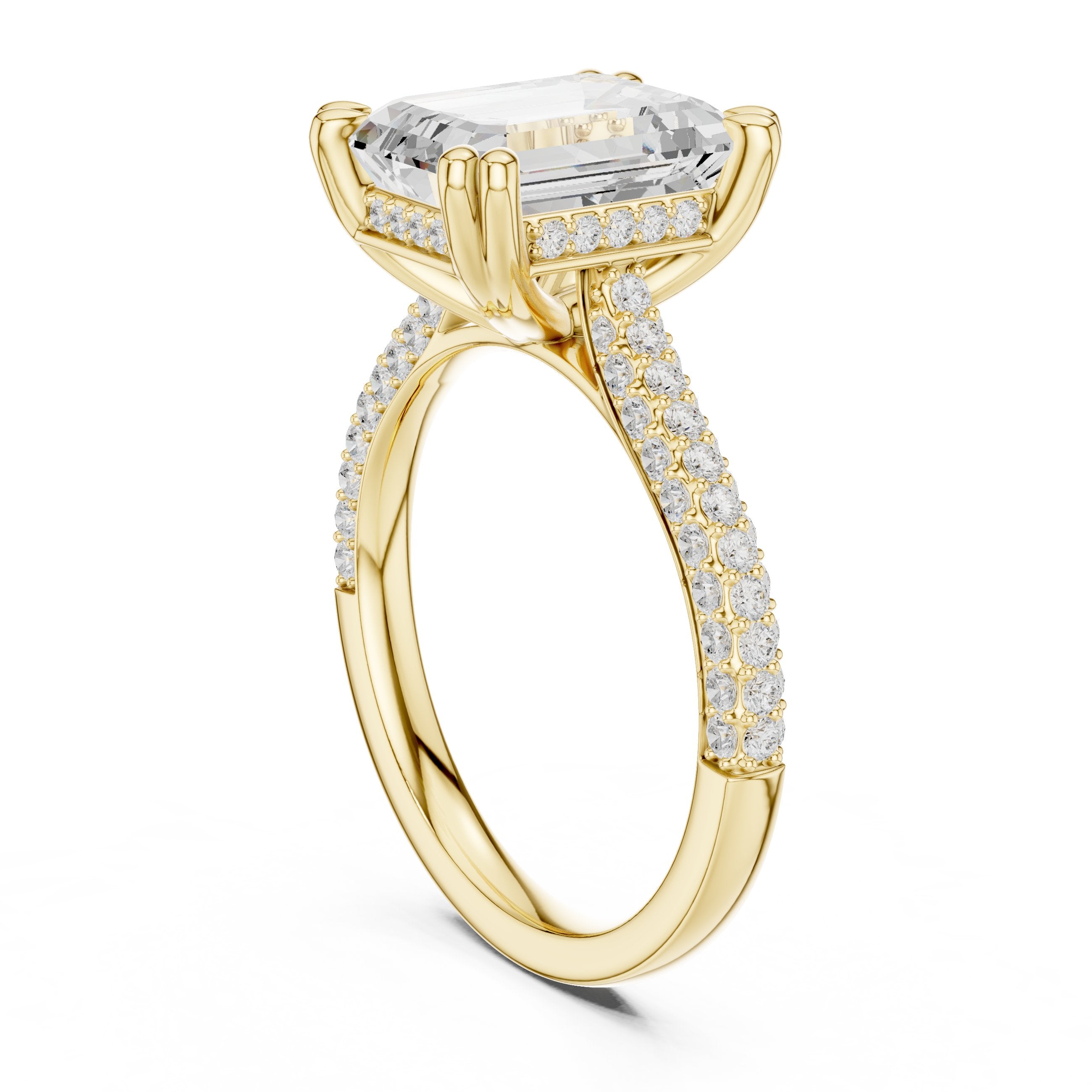 Emerald Cut Engagement Ring with Pavé Band and Cathedral Setting in Yellow Gold - VYKA Diamonds